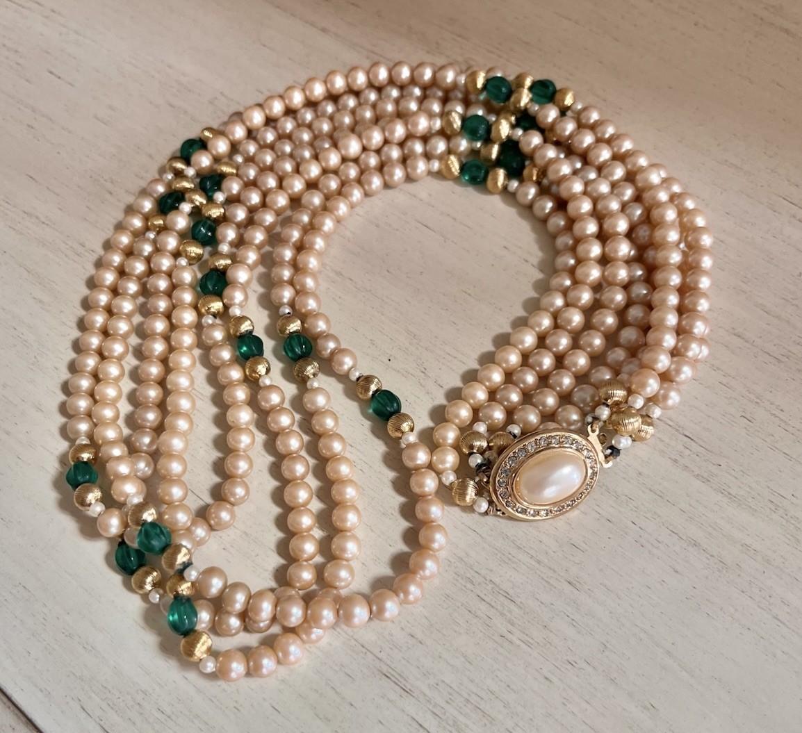 Vintage 4 Layered Ivory Pearl Green Glass Crystal Pave Clasp Beaded 24” Necklace