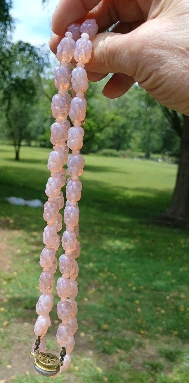 ANTIQUE MOLDED BERRY OPAL MILKY PINK OPALINE GLASS BEAD FLAPPER NECKLACE SET 3ft