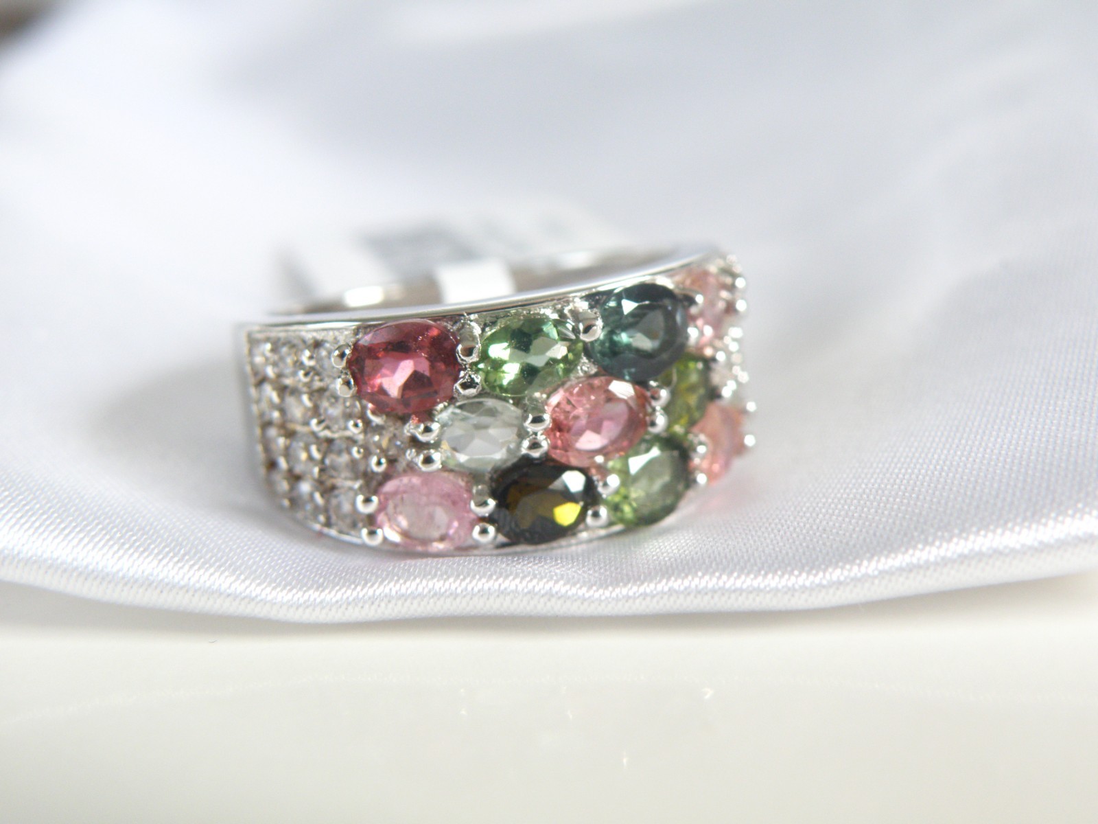 Sterling Silver 925 Multi Row Natural Tourmaline Ring Size 8