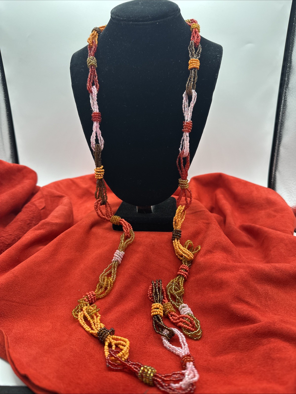 Vtg Sunset Palette Colors Hand beaded Long Necklace. See pics.