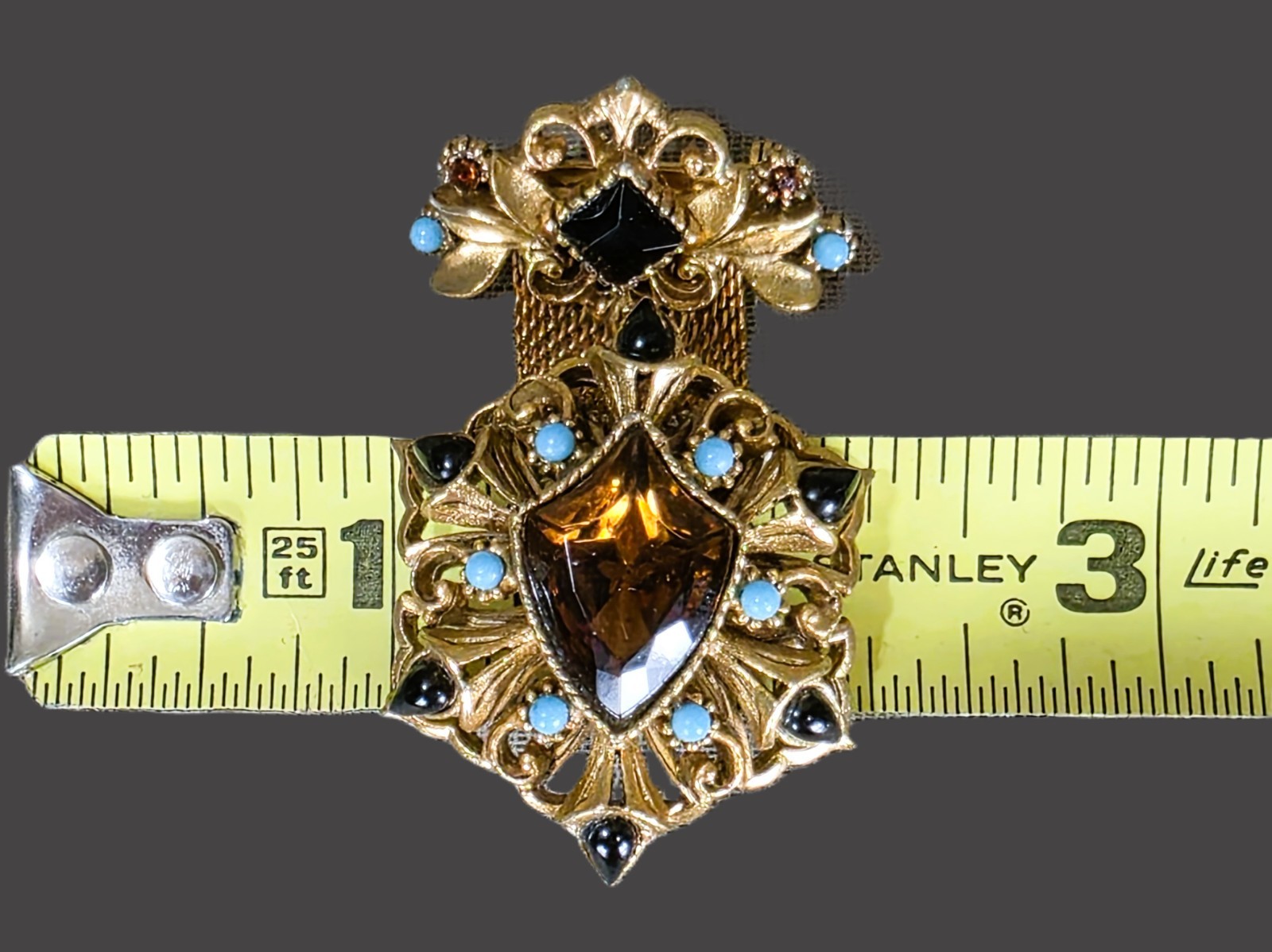 Vintage FLORENZA Rhinestone Heraldic Brooch Mesh Ribbon Pin