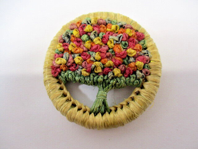 HANDMADE Flowers Tree of Life Pin Brooch Colorful Woven Natural Material 1-5/8″