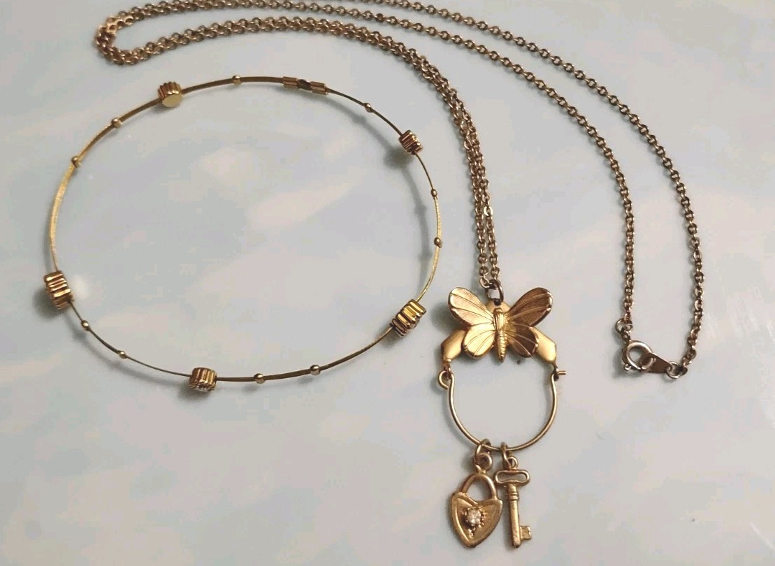 Vtg Butterfly Charm Lock & Key Necklace 24″ & Crystal Wires Bracelet Set