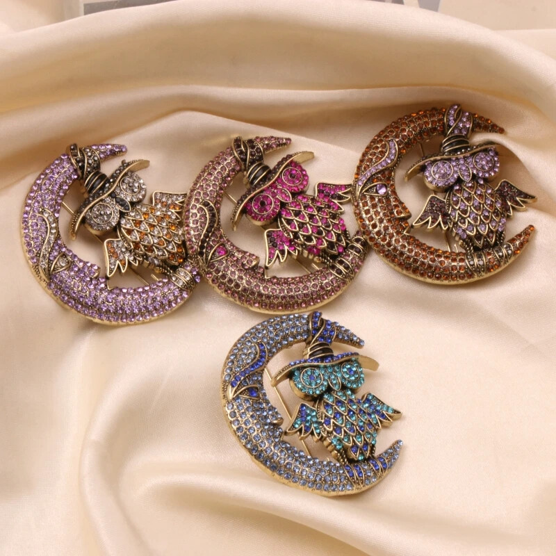Retro Moon Rhinestone Crystal Owl Brooch Collectible Pin Accessory for Women