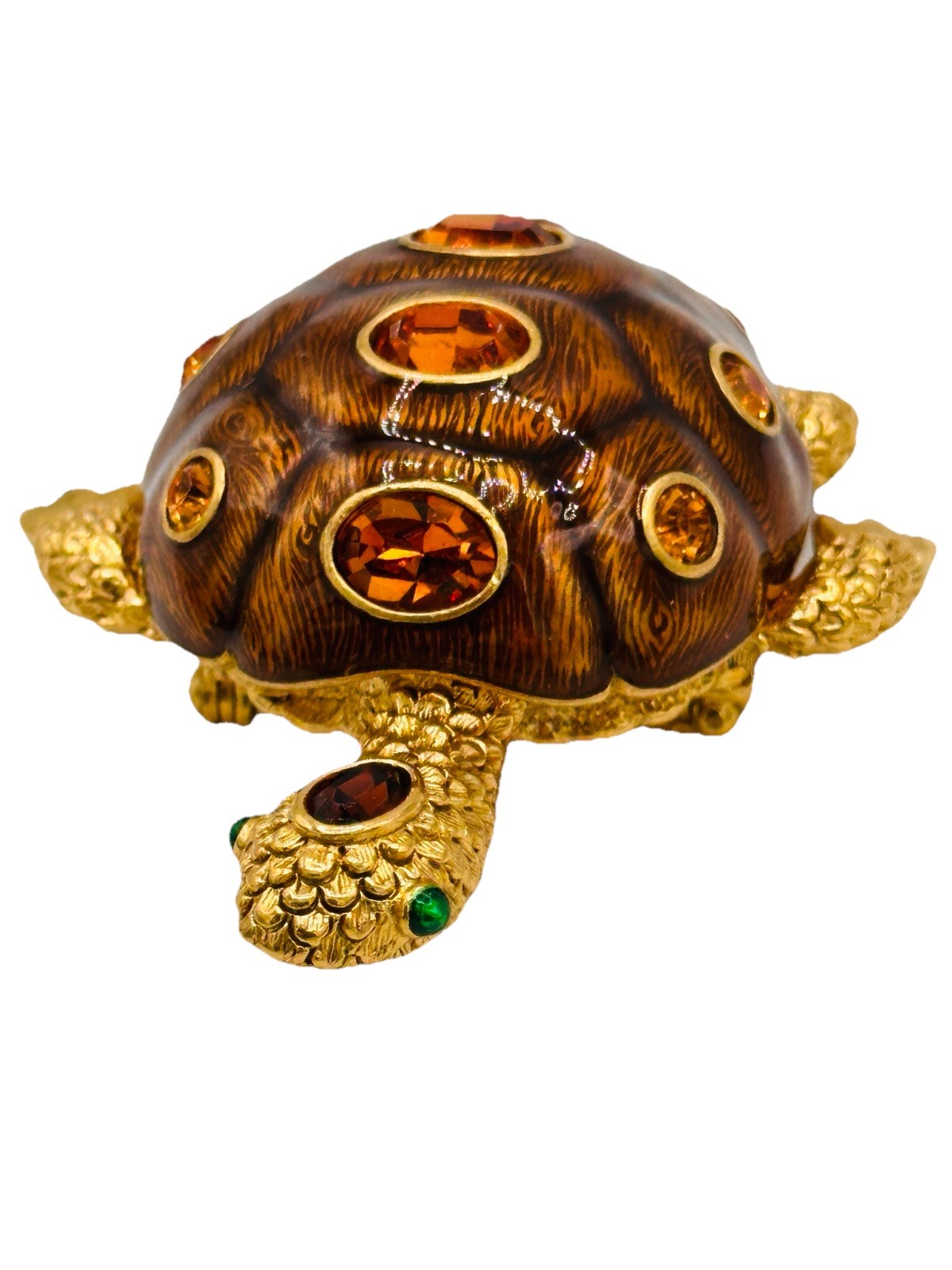 Signed Joan Rivers Turtle Brooch Pin Gold Tone Brown Enamel Amber Rhinestone
