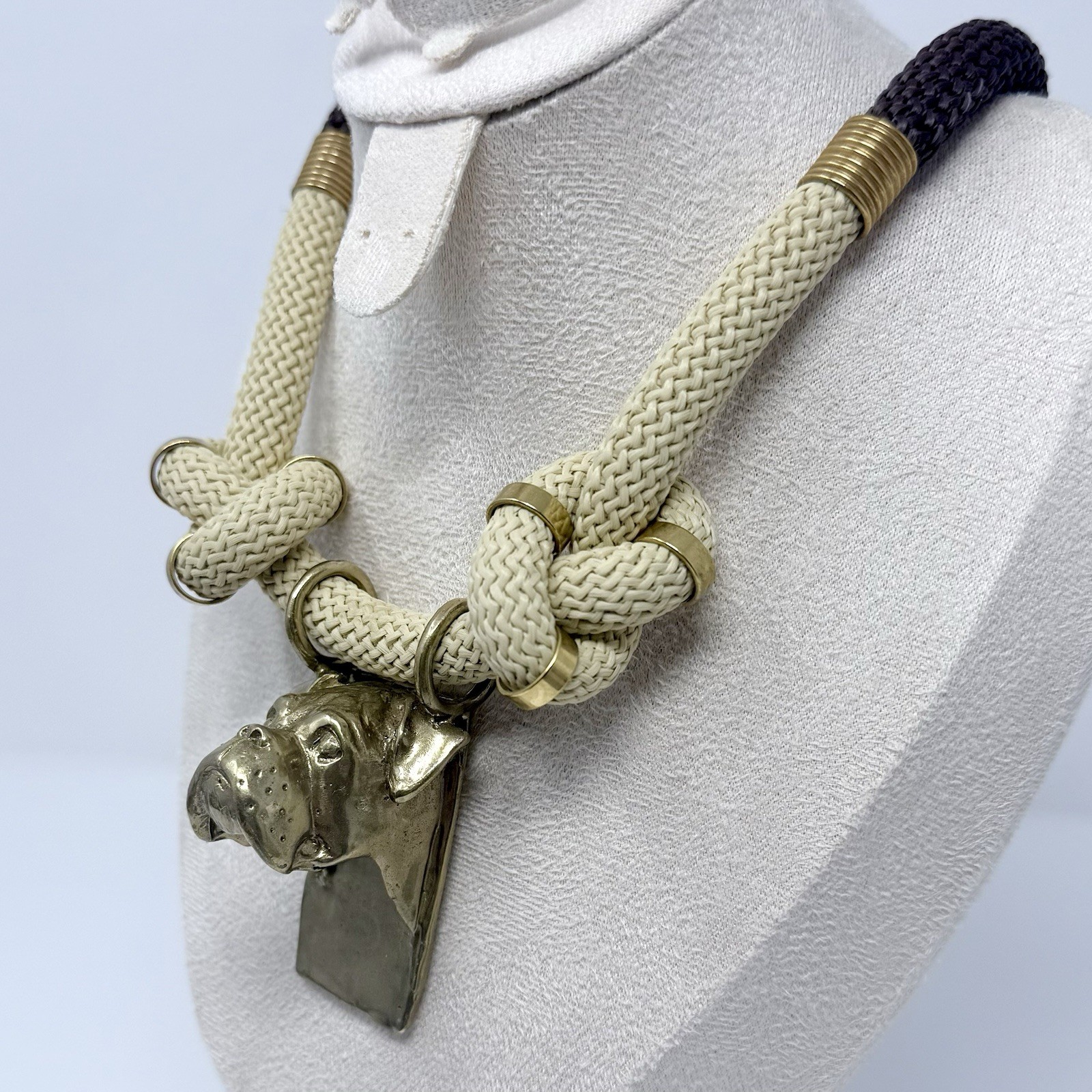 Vintage Boxer Dog Solid Brass Pendant Rope Statement Necklace Magnetic Clasp 26”