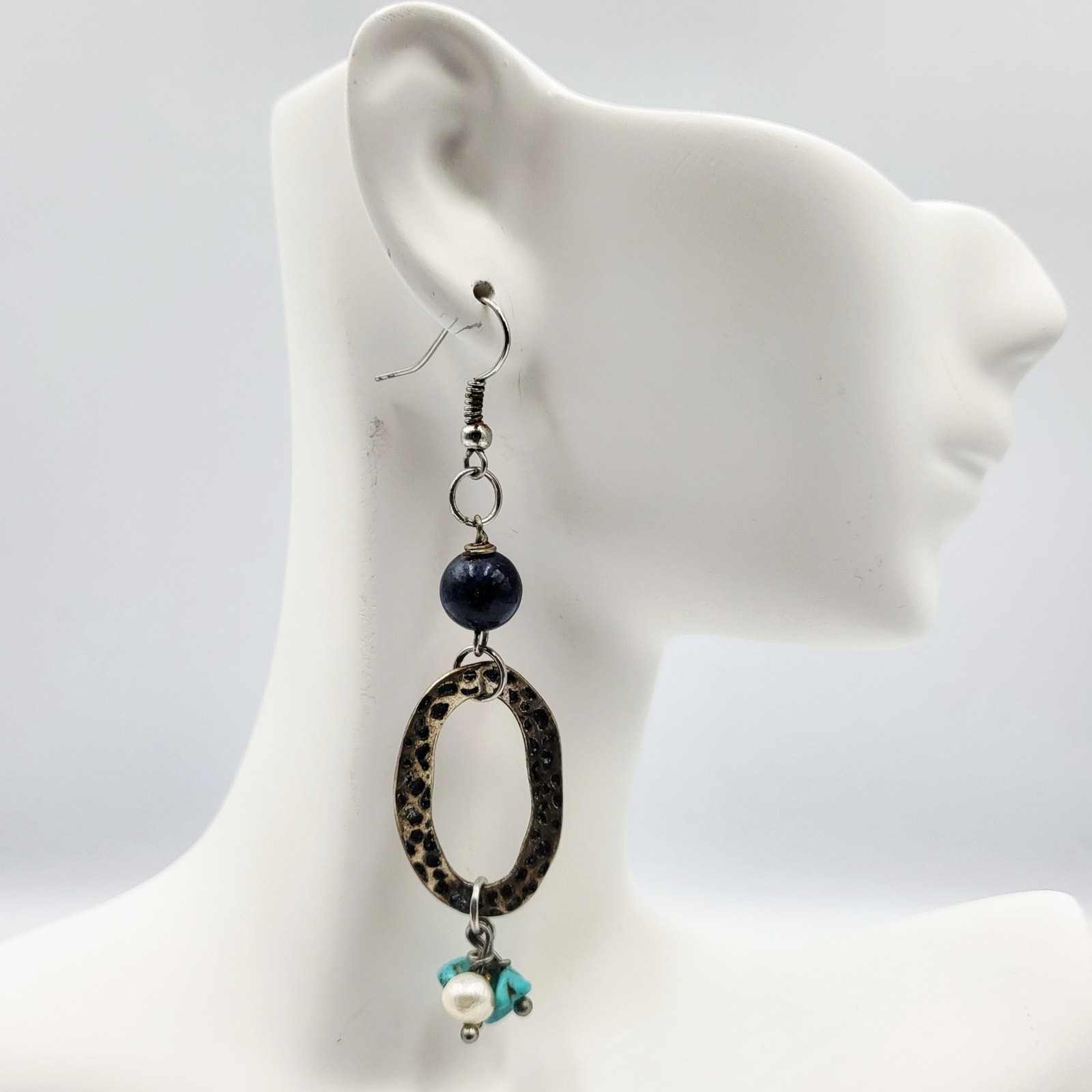 Vintage Antique Boho Silver Turquoise Pearl Beaded Stone Hammered Earrings Pair