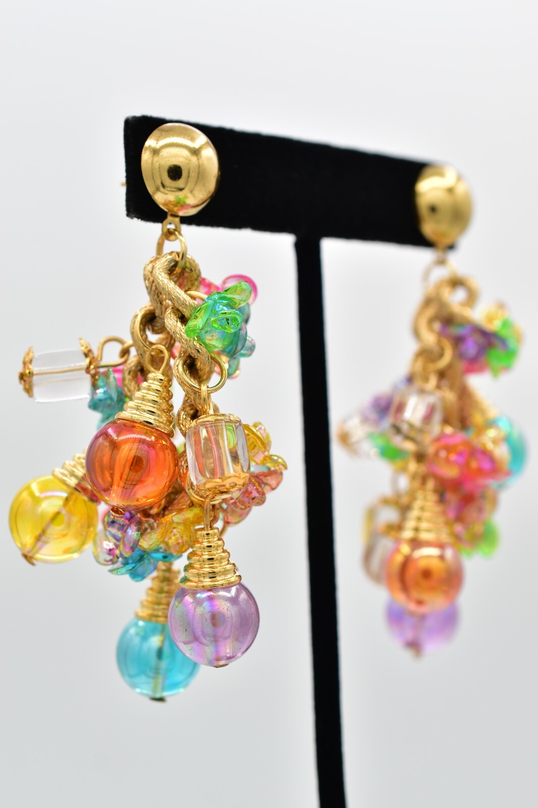 Vintage Ornament Beaded Dangle Earrings Chain Multi-Color Lucite Chunky NOS A28
