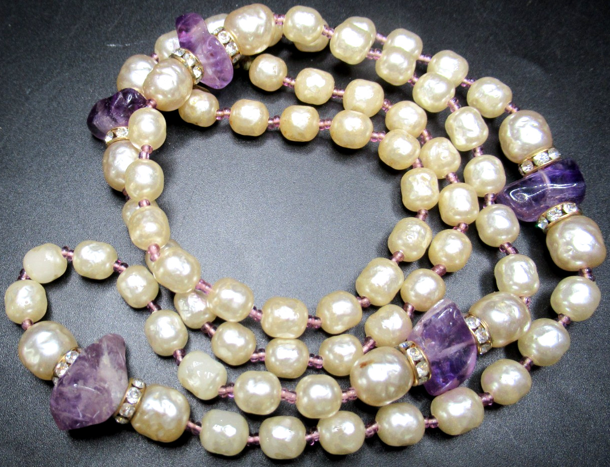 MIRIAM HASKELL Baroque Style Pearl Genuine Amethyst Sautoir Vintage Necklace