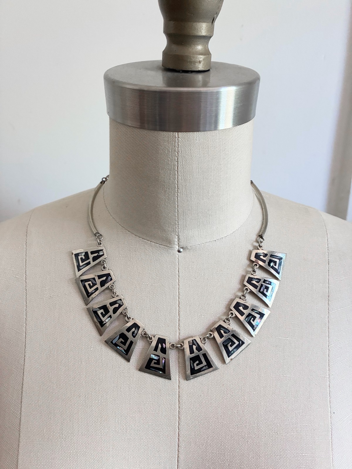 Vintage Alpaca Silver Necklace Choker Inlay Abalone Mexico Stamped 17″ Clasp