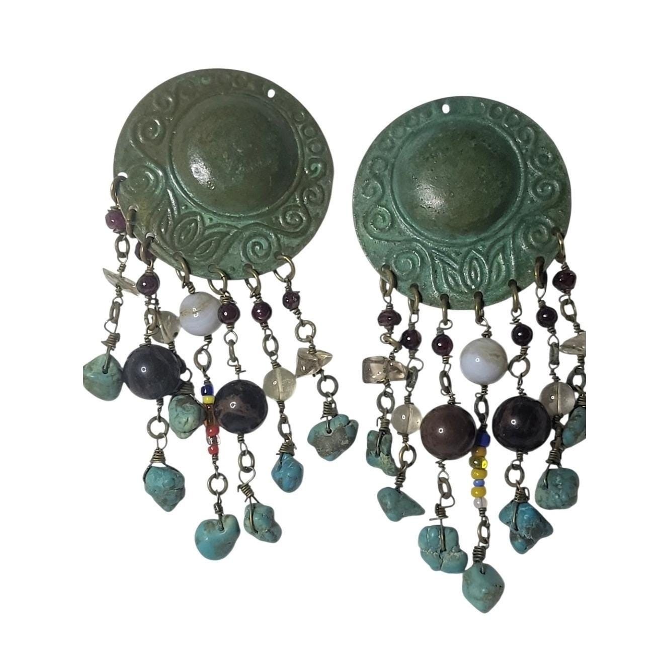 Vintage Boho Clip On Earrings Verdigris Patina Beaded Fringe Faux Turquoise