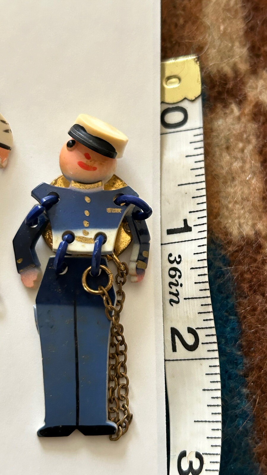 3 Vntg painted celluloid JOINTED SOLDIER ARMY PIN WWII era articulated men 2.5″
