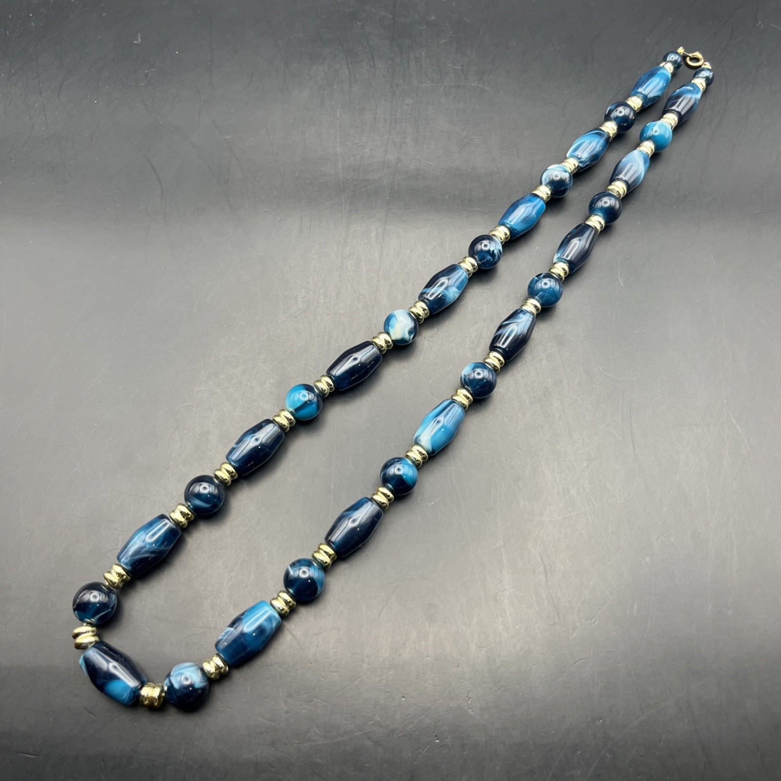 Dark Teal Blue Plastic Bead Necklace Long Gold Tone Abstract 25 In Bold Vintage