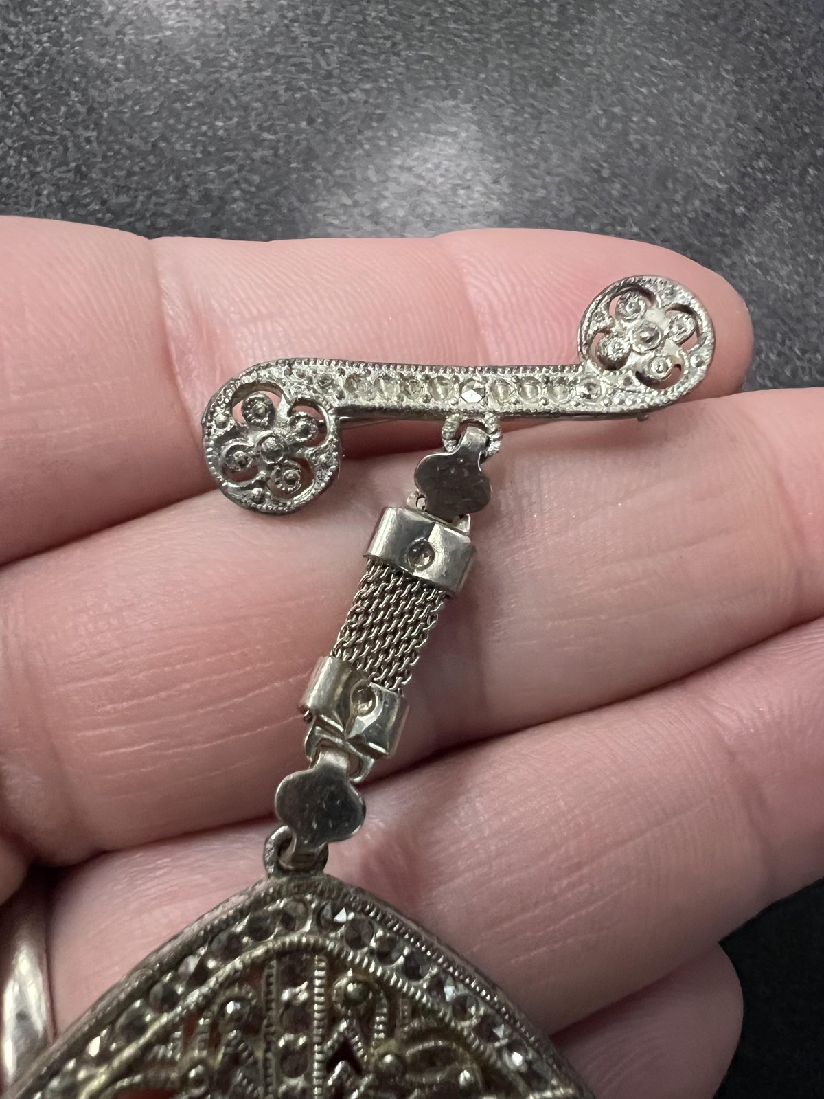 Vintage Rhinestone Brooch Silver Tone Filigree Dangle Pin Costume Jewelry