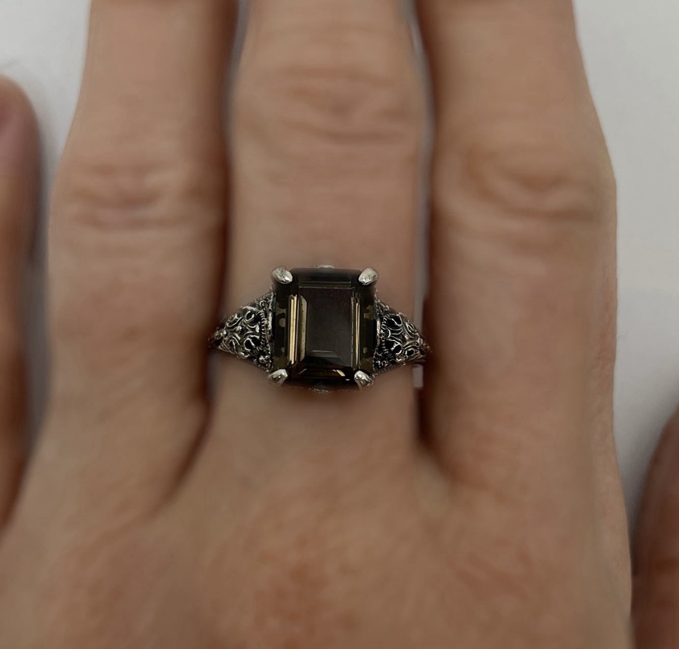 Estate Ring Smokey Gray Quartz Sterling Silver Sz 9.5 Baguette Art Nouveau Style