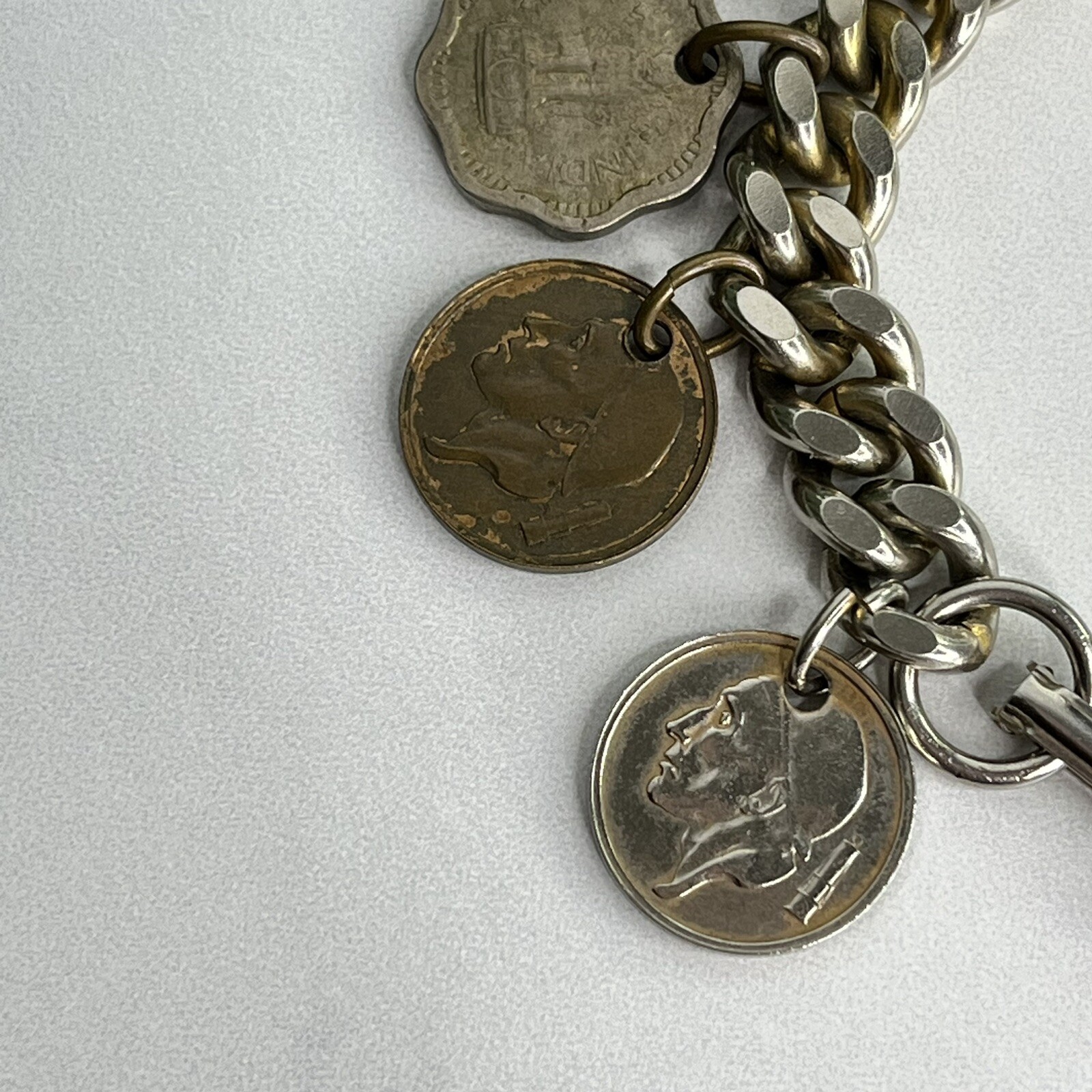 Vintage 13 Coin Charm Bracelet Belgium, India, Pakistan 1957 1959 1955 7”