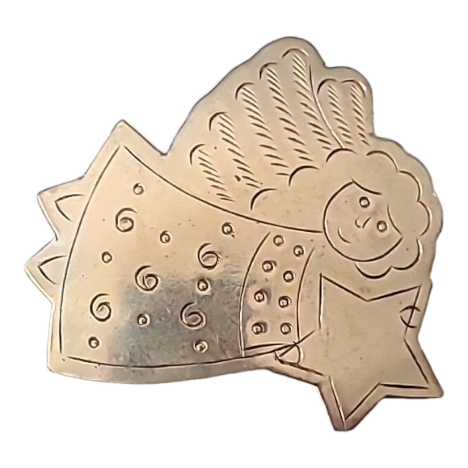 Silver Tone Etched Angel Holding Star Metal Christmas Brooch Pin 2″