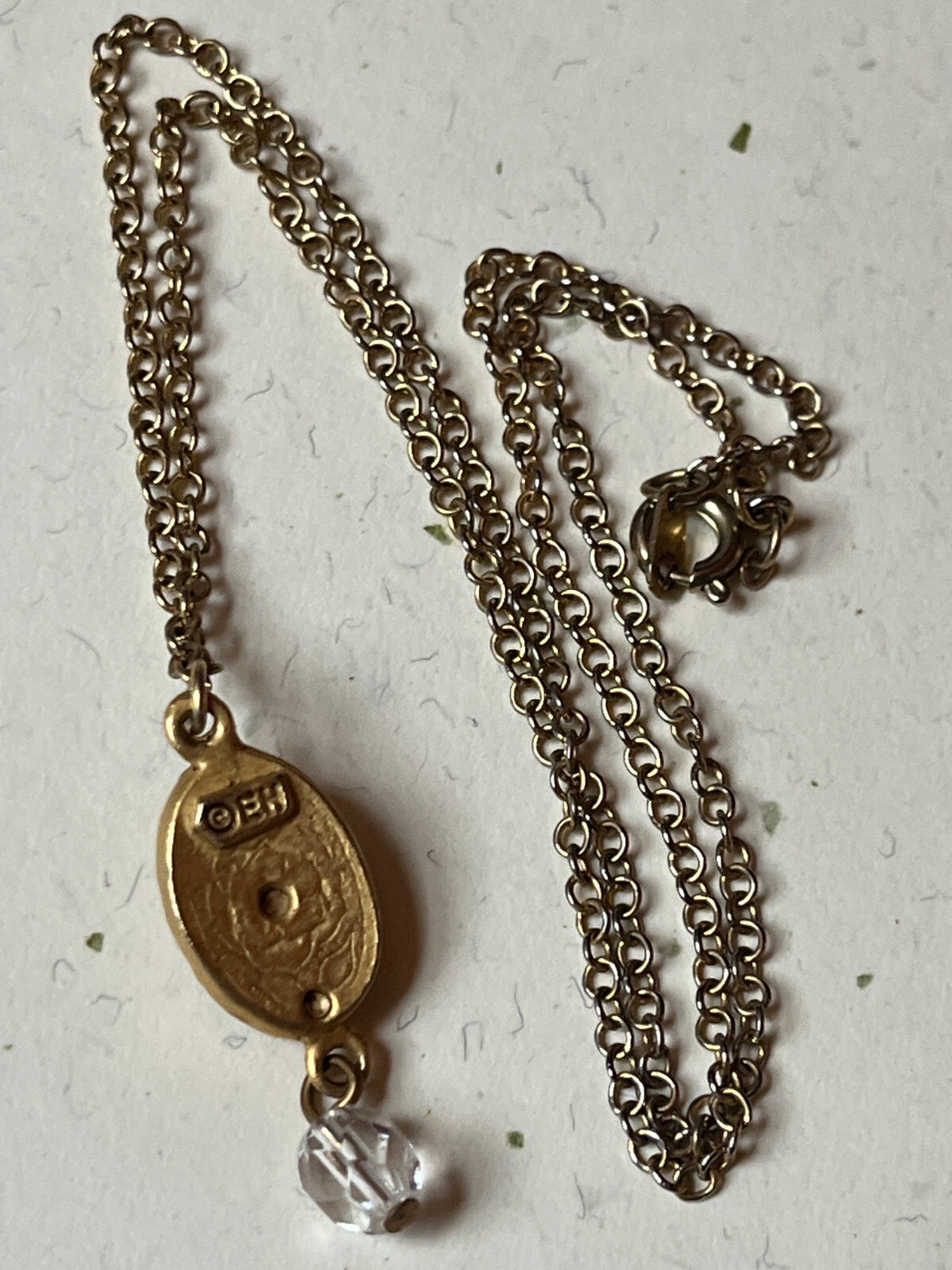Dainty Goldtone Chain w Small EH Signed Oval Rose Flower & Clear Bead Dangle Pen