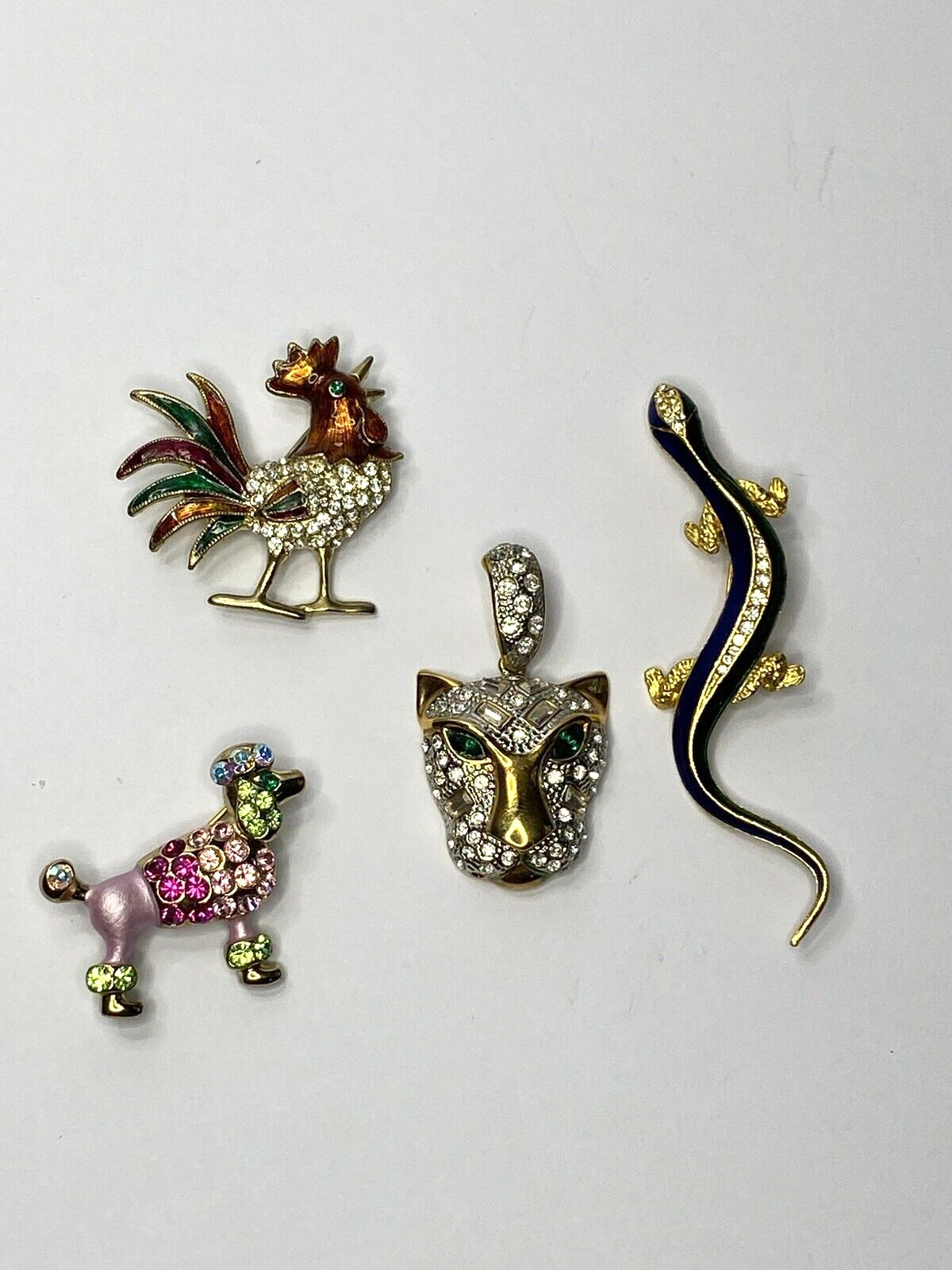 Vintage lot of 4 Rhinestone Animal Collection Salamander Rooster Leopard Poodle