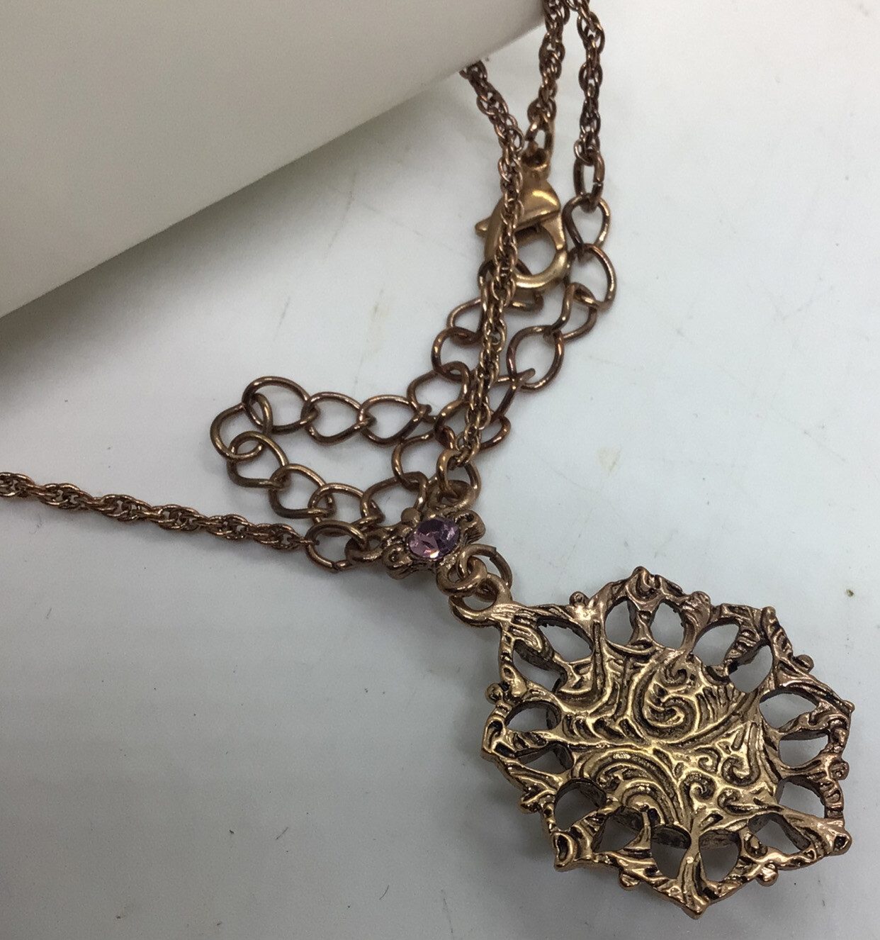 1928 Rose Gold Tone Dangle Cameo Necklace & Purple Stud Set New Unused