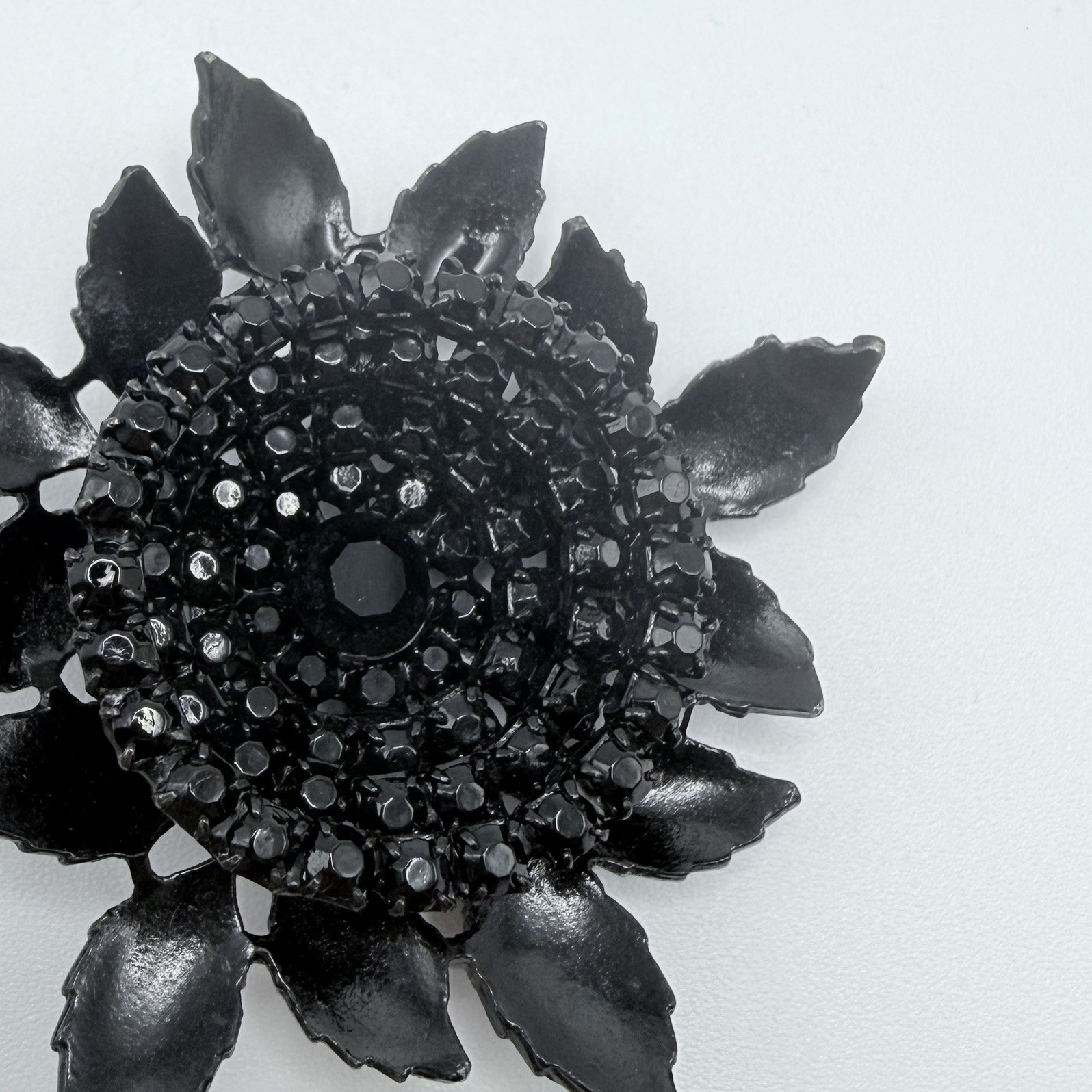 Albert Weiss Black Rhinestone and Enamel Flower Pin Brooch Signed Vintage