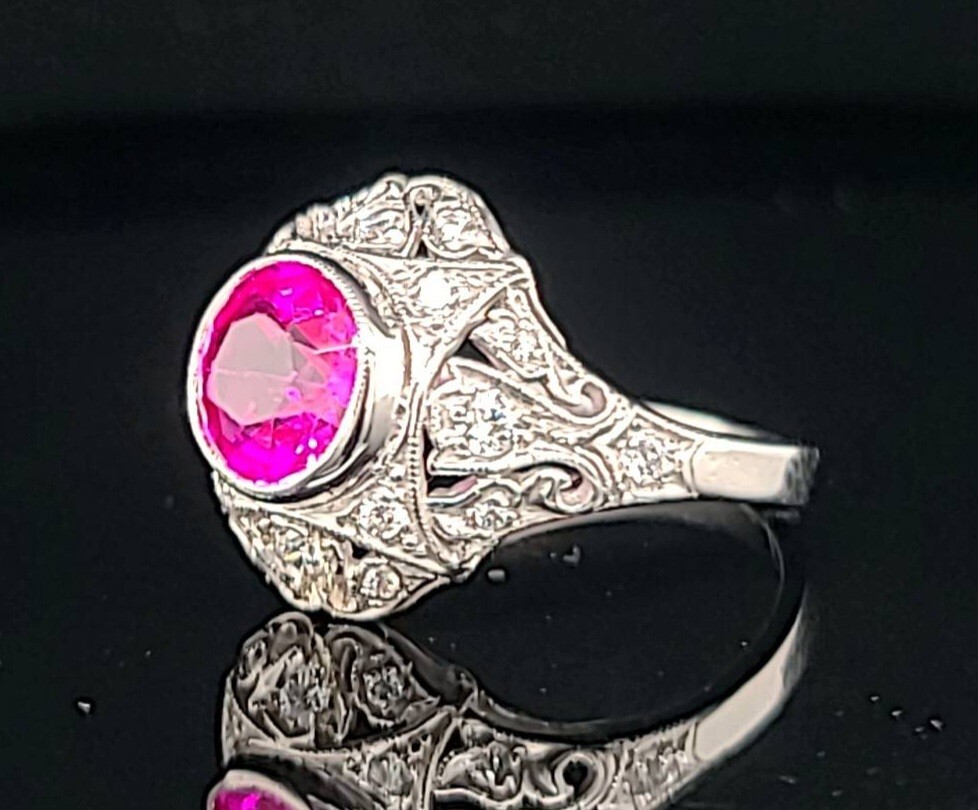 Vintage 14k White Gold Engagement Ring 2.92CT. Gem Pink Sapphire Round Cut
