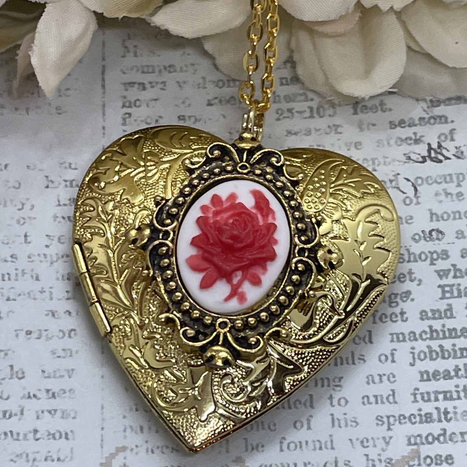 Gold Heart Locket Birthday Anniversary Wedding Red White Rose Cameo Necklace