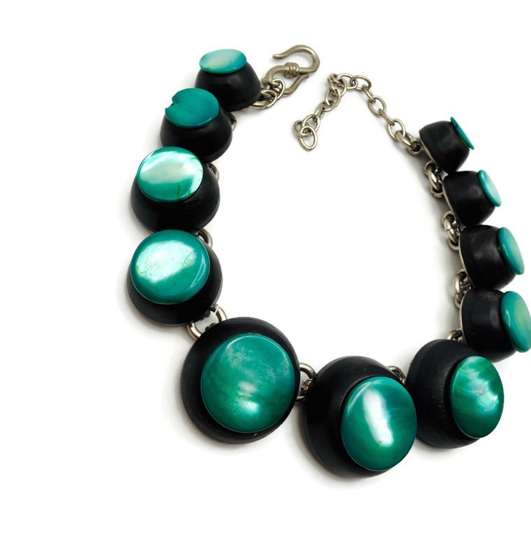 Vintage YSL Yves Saint Laurent Green and Wood Necklace 1980’s