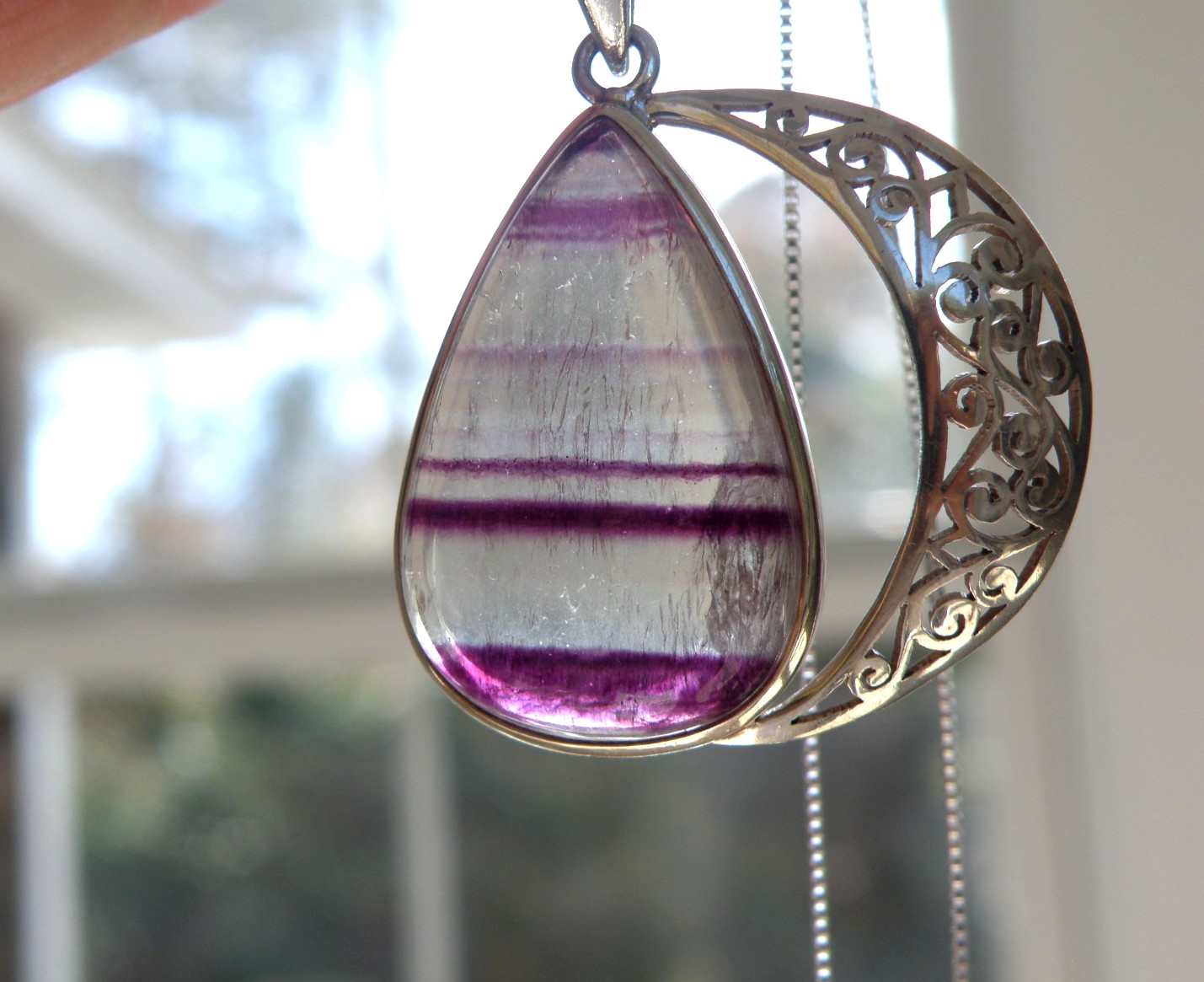 Large Sterling Silver 925 Fluorite Crescent Moon Pendant Necklace