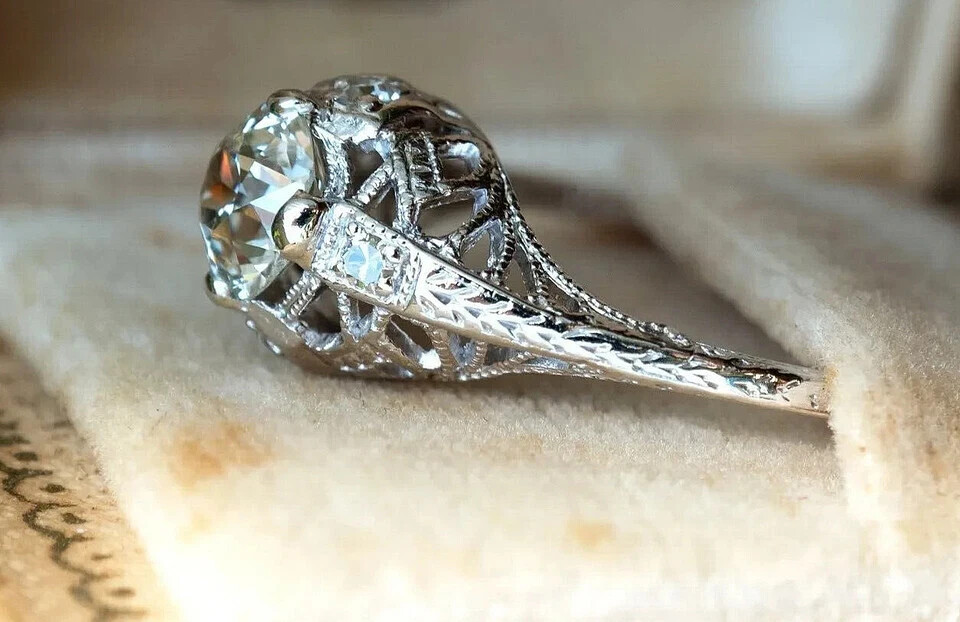 Art Deco Vintage Style Round Lab Created Diamond Wedding Ring 14K White Gold FN