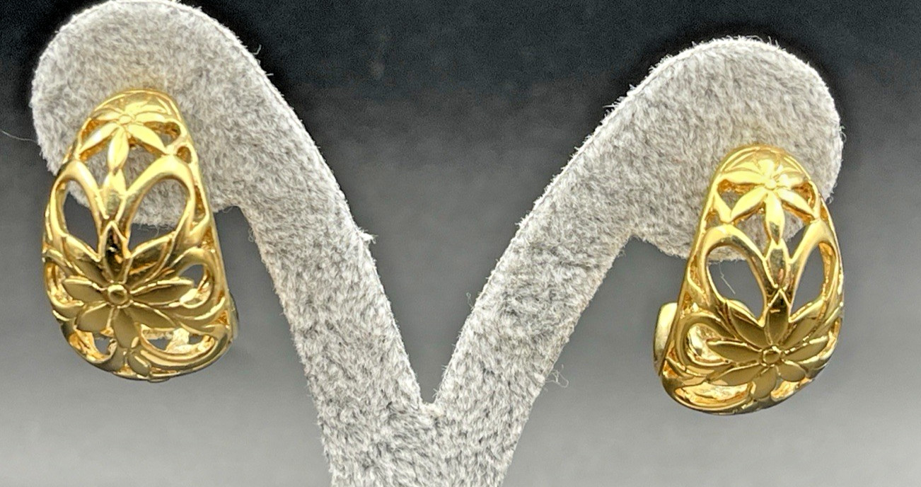 Vintage Filigree Gold Metal Oval Half Hoop Pierced Earrings Signed Unknown Maker