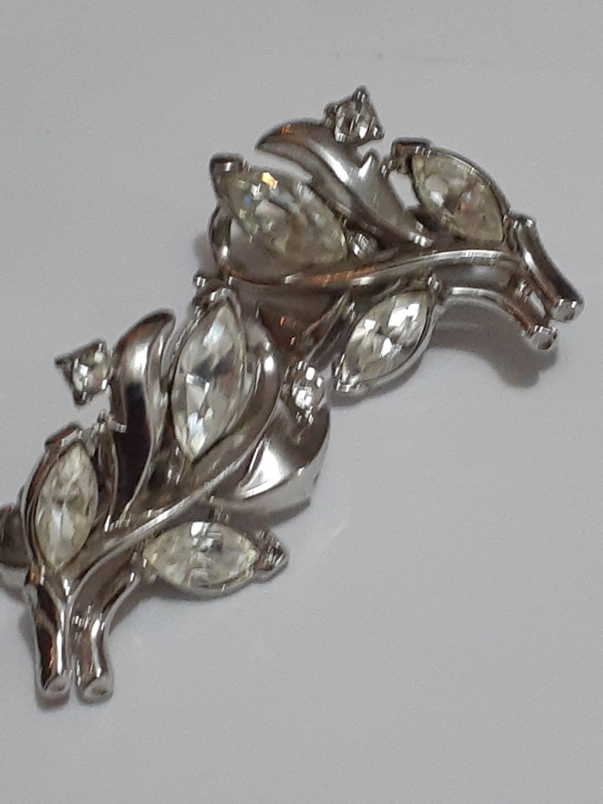 Vintage Crown Trifari rhodium plated marquise cut rhinestone clip on earrings