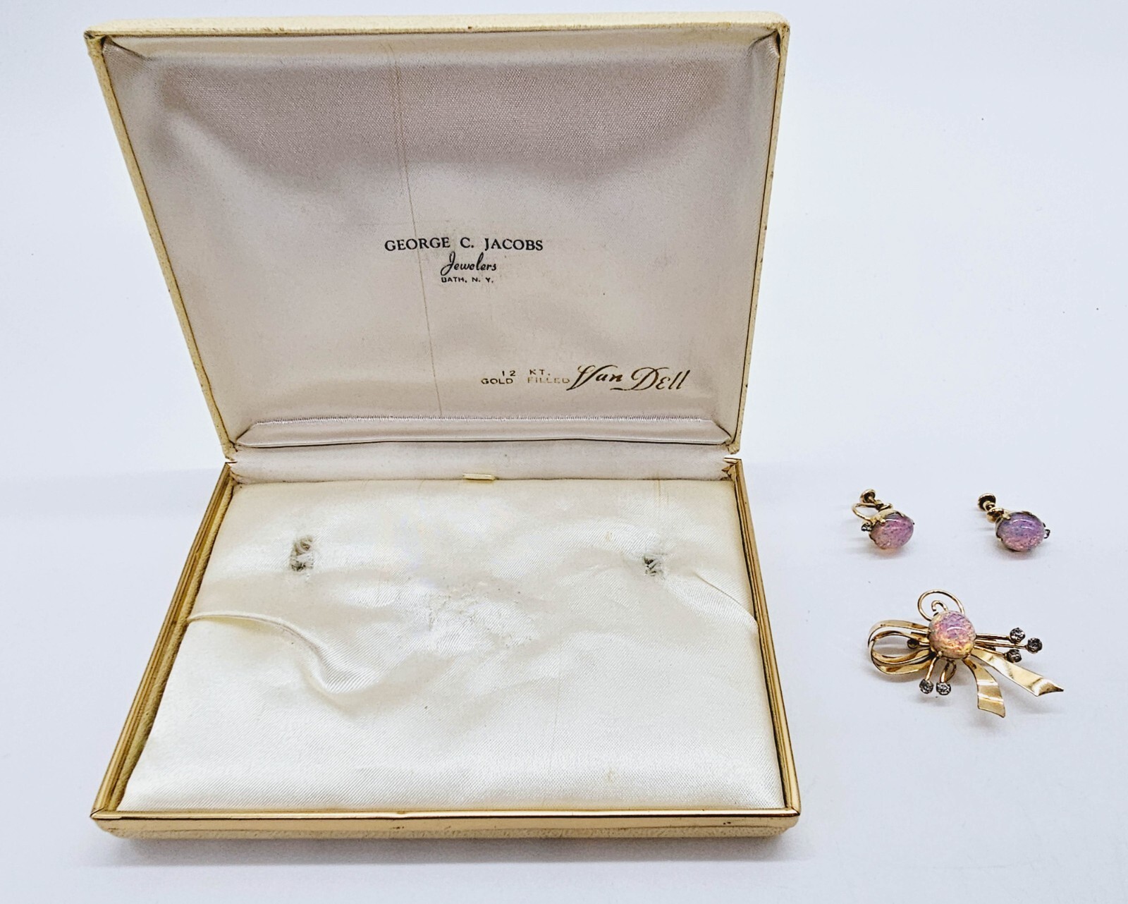 Opal Glass Brooch + Earrings +9 gr Van Dell 1/20th 12K Gold Fill Rhinestones Pin