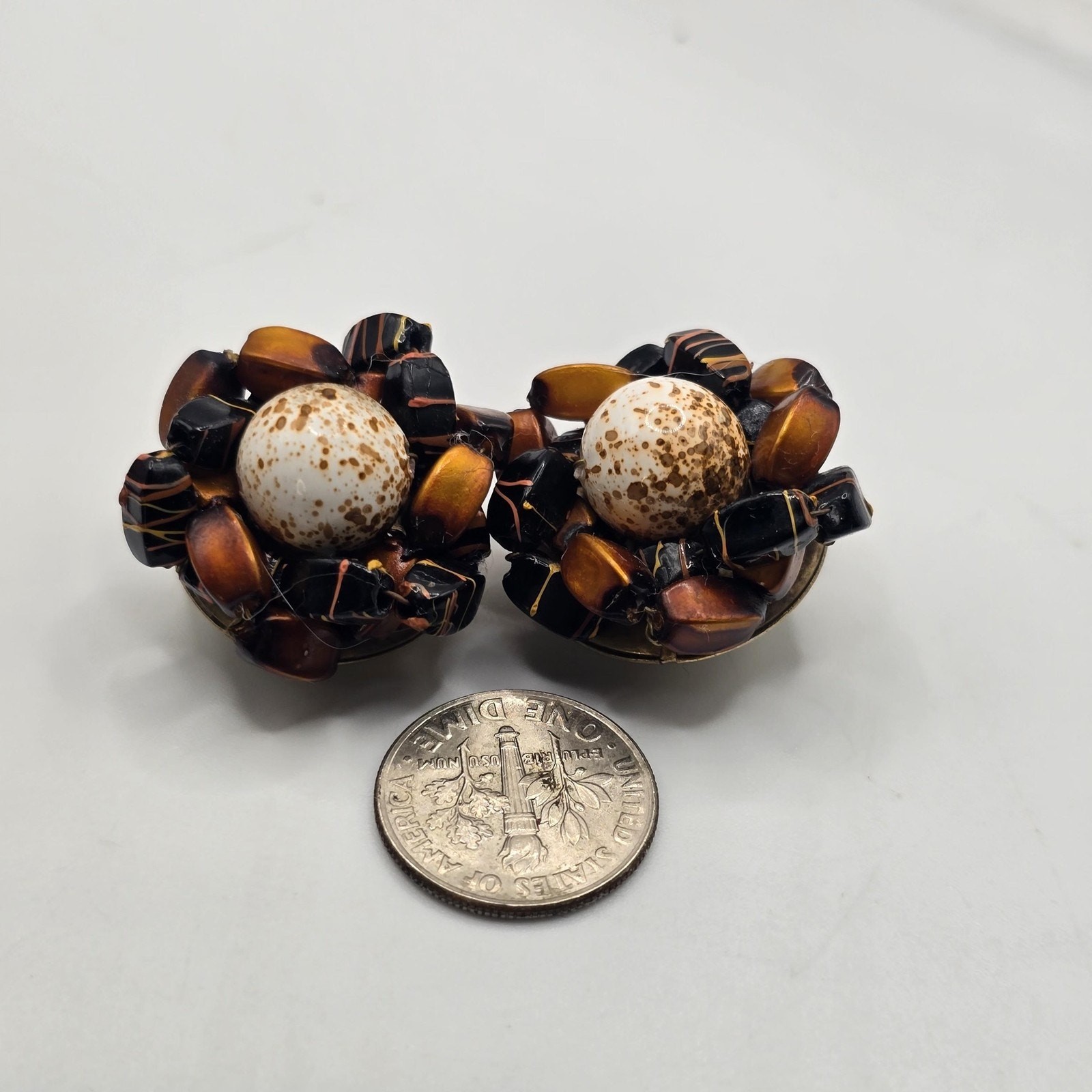 Earrings Dragon Beads Tiger Eyes Earrings Chips Hand Strung Vintage Clip On