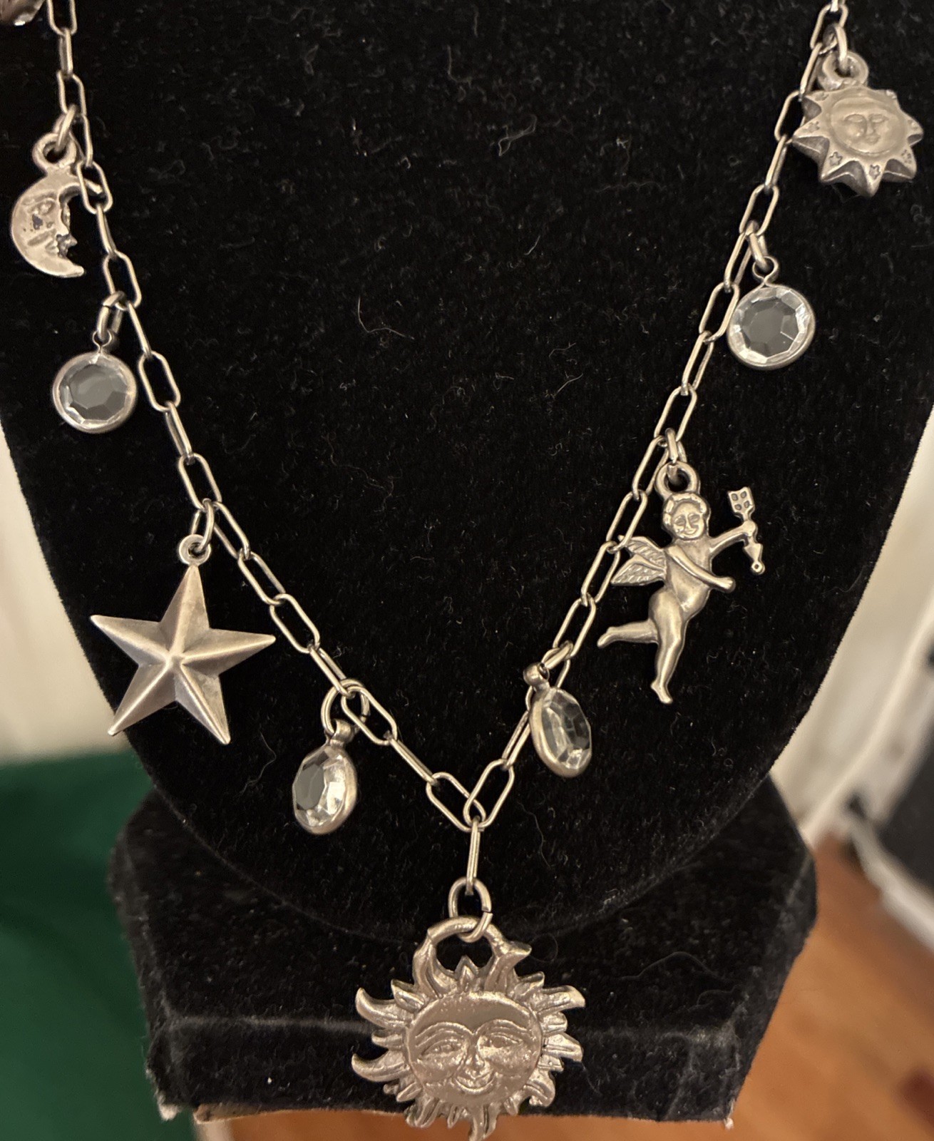Vintage Silver 36” Celestial Necklace Sun Moon Stars Cupid Bevel Set Crystals
