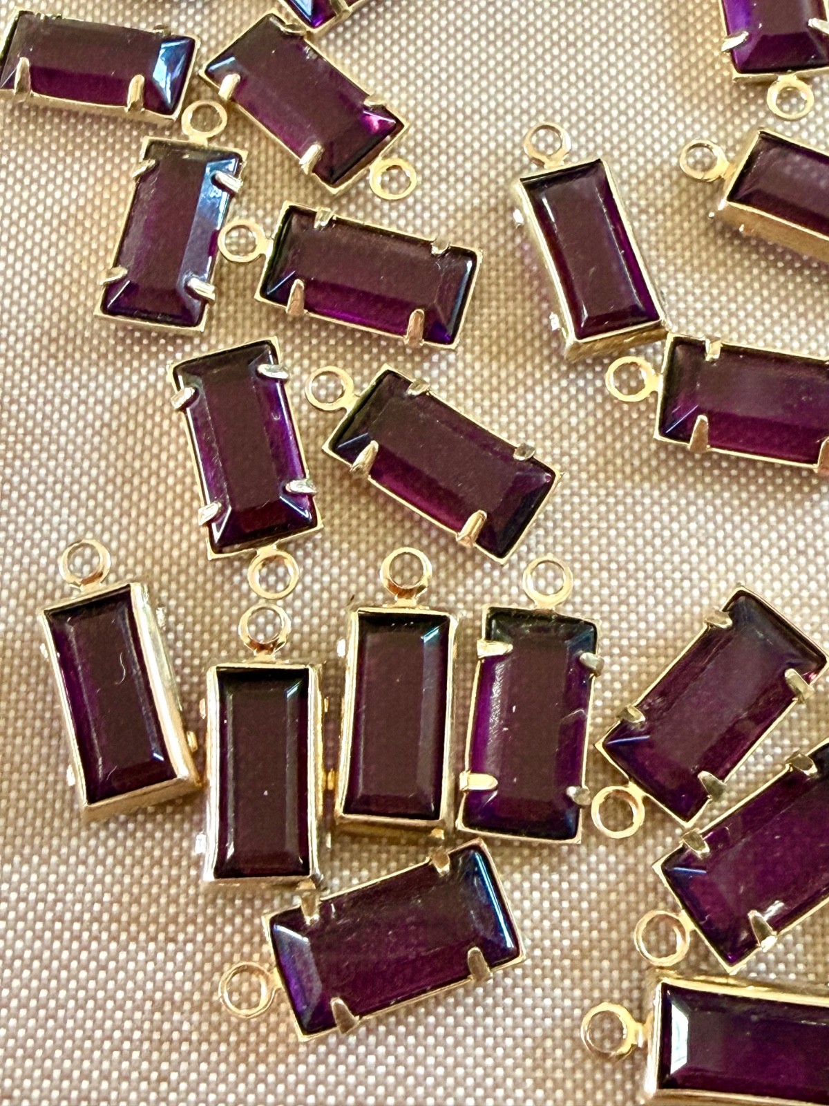 20 Vintage Brass Set Amethyst Emerald Cut Crystal Charms 8x4mm NOS Art Deco