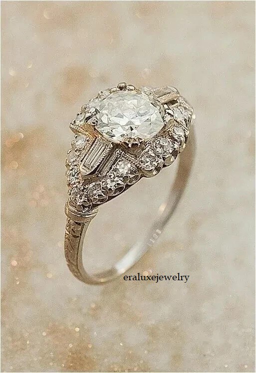 Art Deco Style Lab Created Diamond Engagement Wedding 14K White Gold Finish Ring