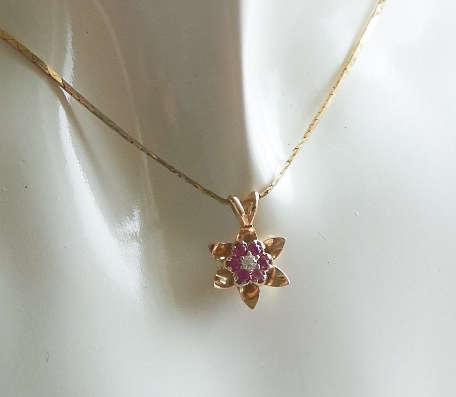14K Solid Yellow White Gold Ruby Diamond Flower Pendant Necklace, Lab Ruby