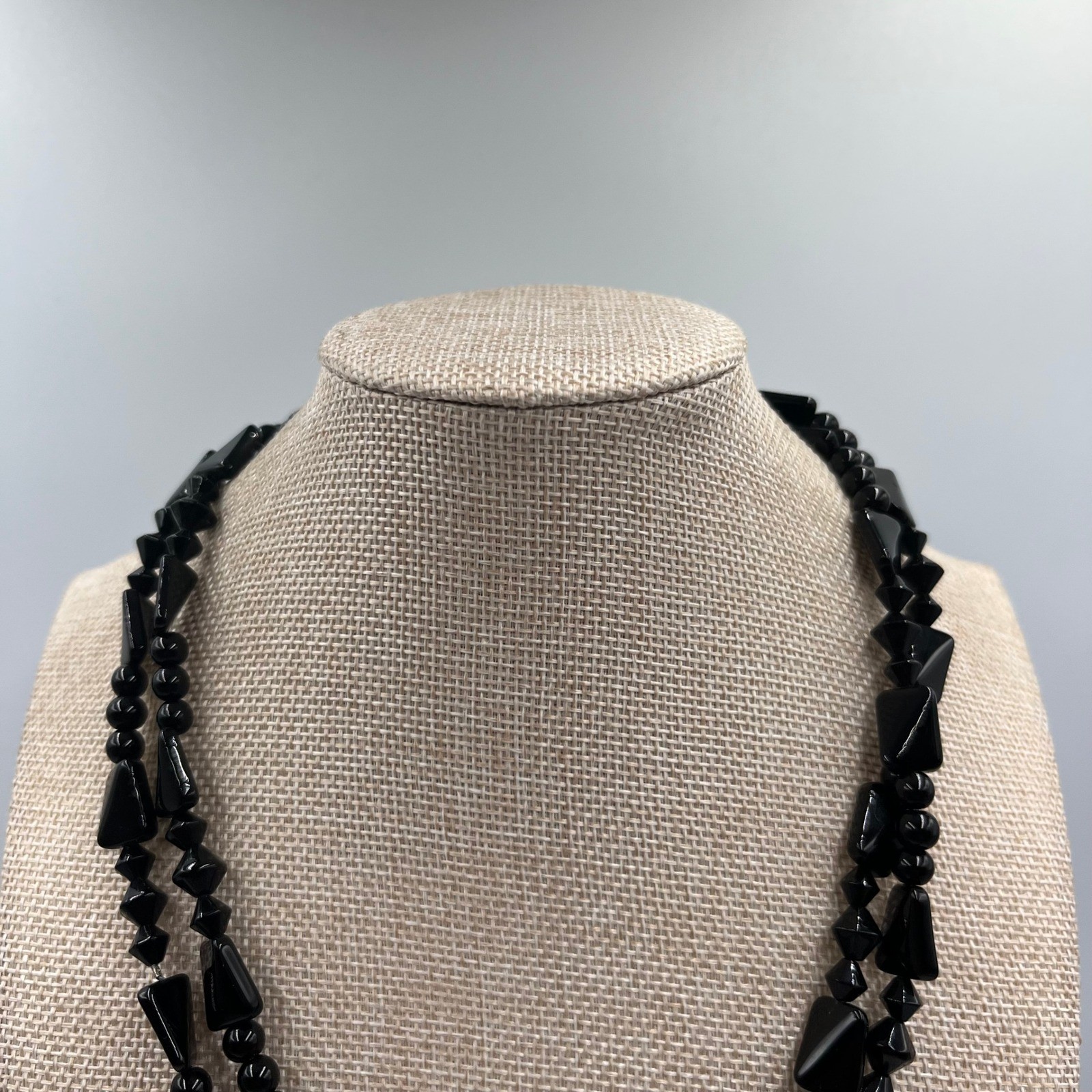Vintage Double Strand Jet Black Beaded Statement Necklace Mixed Shapes Art Deco