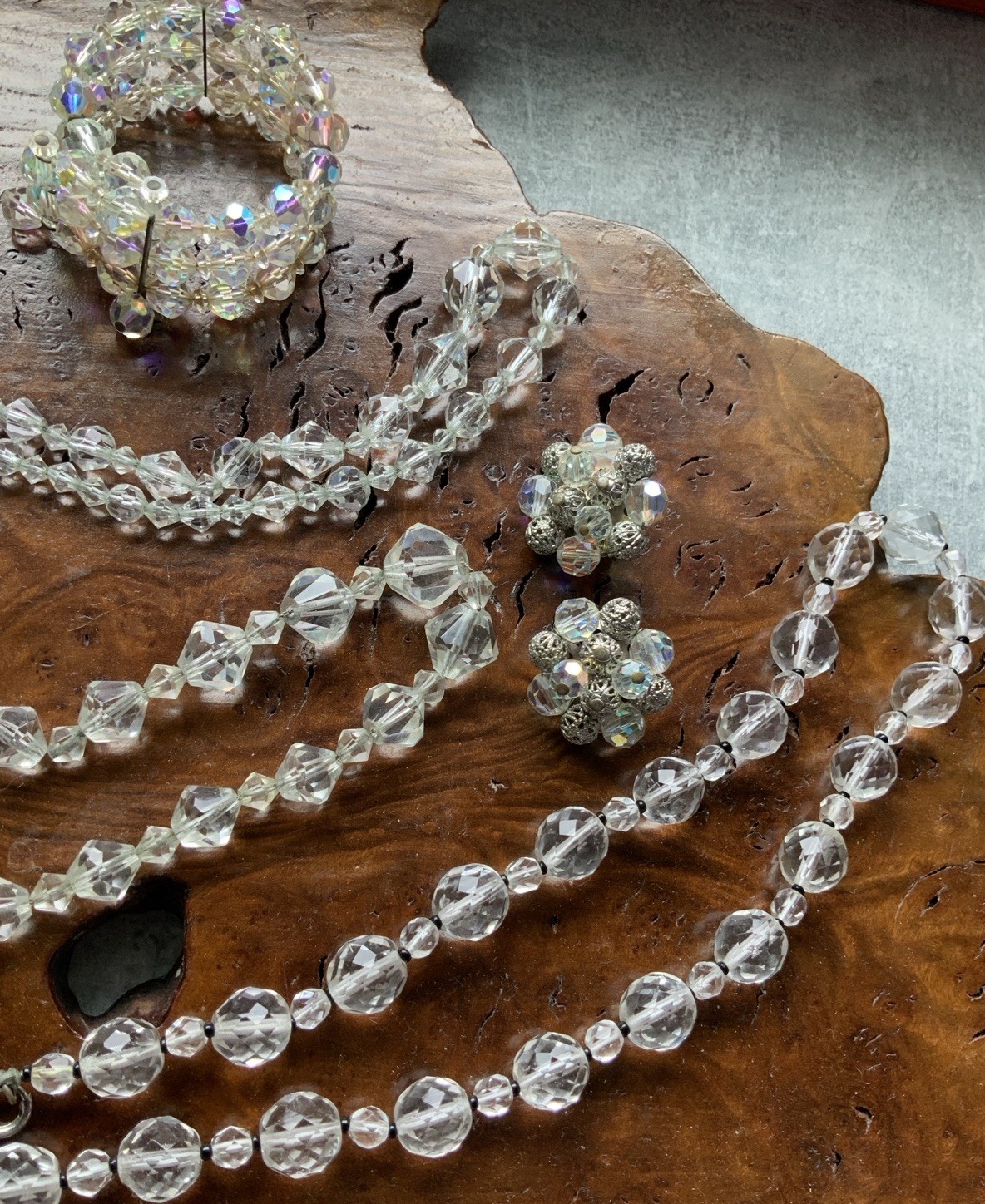 Clear Aurora Borealis Faceted Crystal Bead Rhinestone Jewelry Lot Vintage