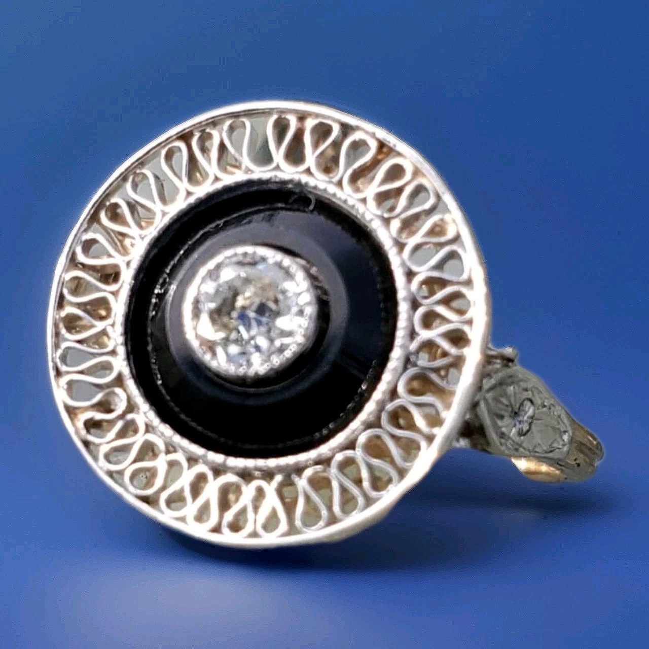 Original EARTH MINED DIAMOND Onyx Deco Engagement Ring Antique PLATINUM Filigree