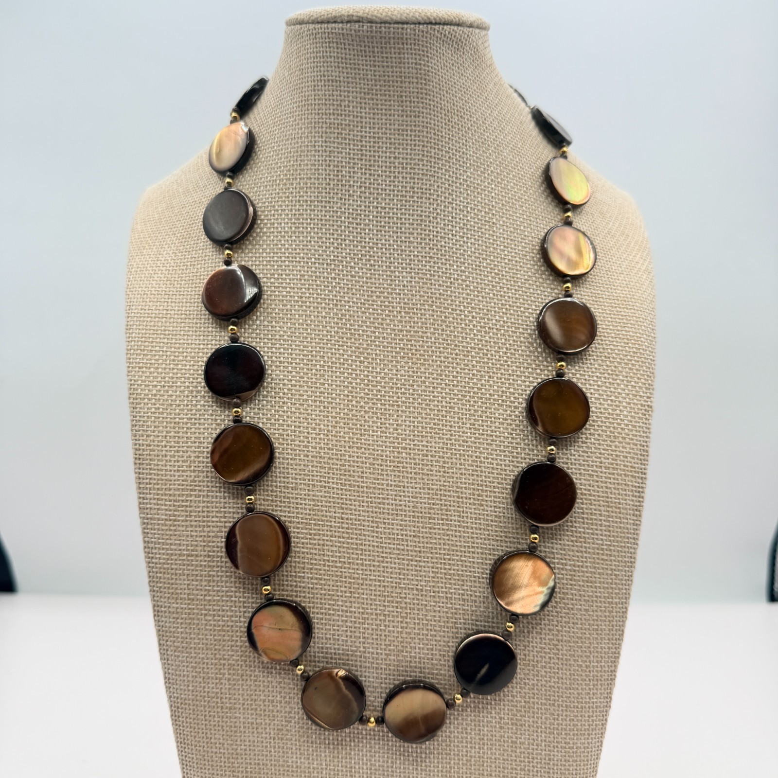 Vintage Golden Brown Shell Disc Necklace MOP Retro Boho 90s Chunky Statement