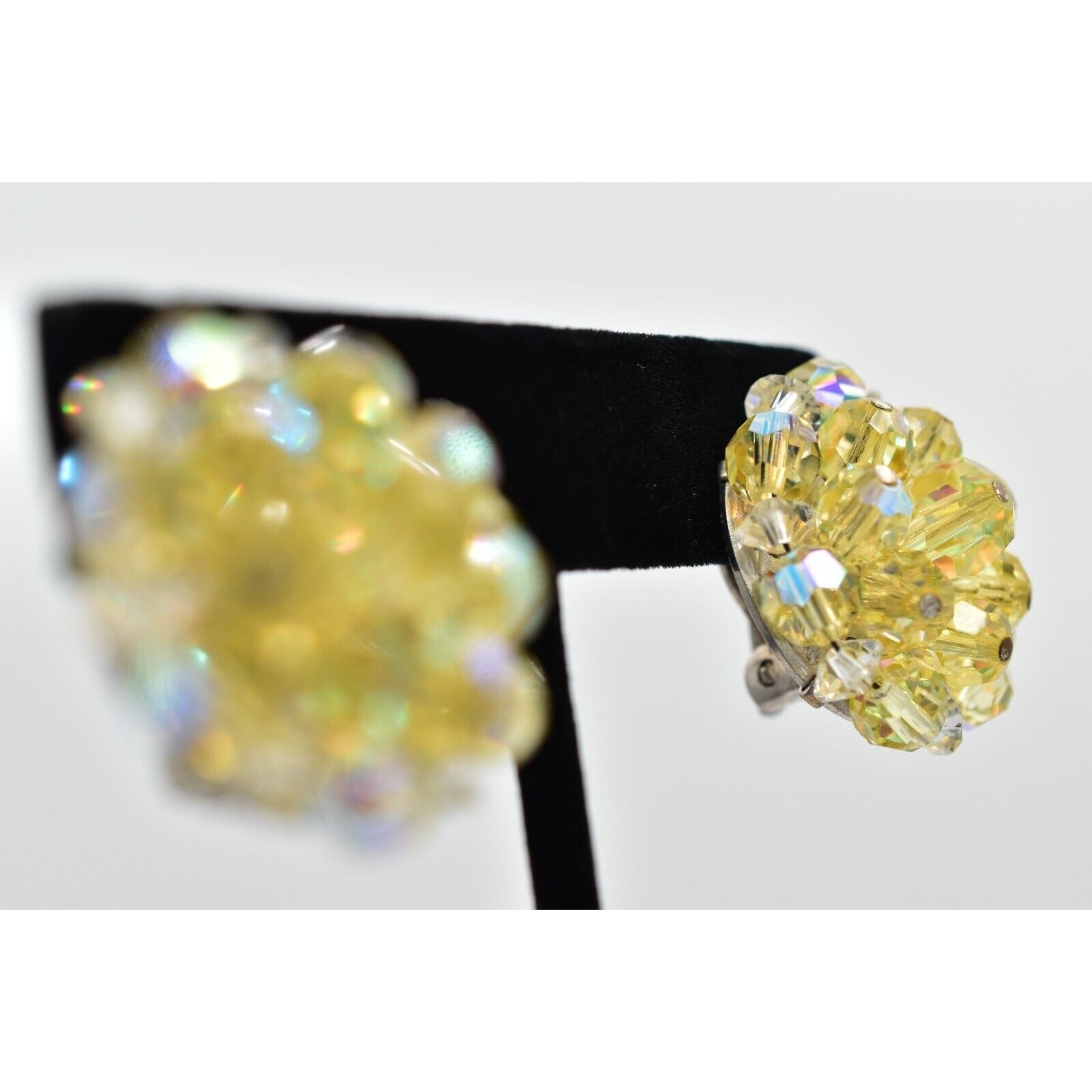 Laguna Vintage Clip On Crystal Earrings Yellow AB Cluster Signed Glam 1950s A24