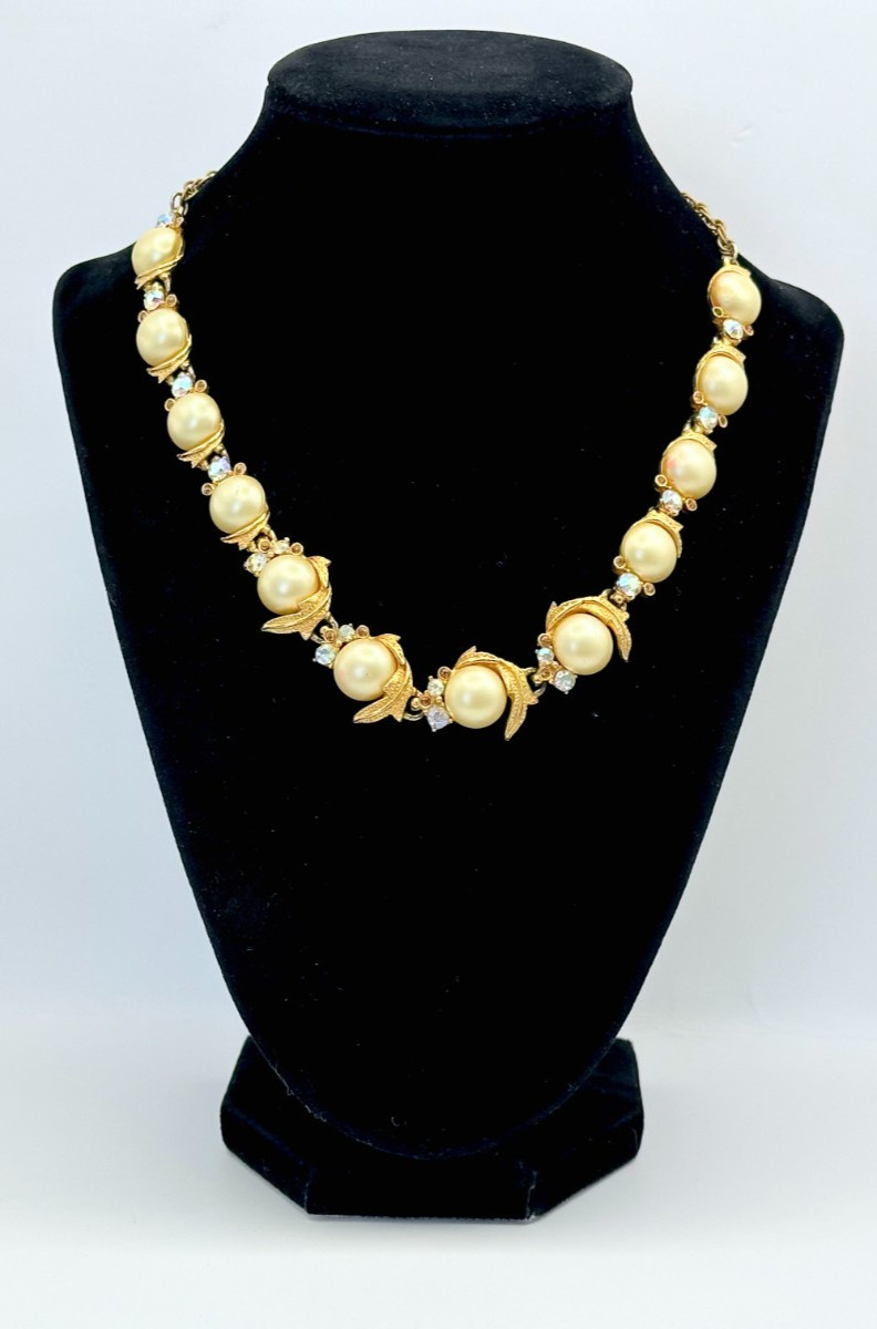 Signed ART Gold Tone Faux Pearls Rhinestones Choker Necklace Vintage