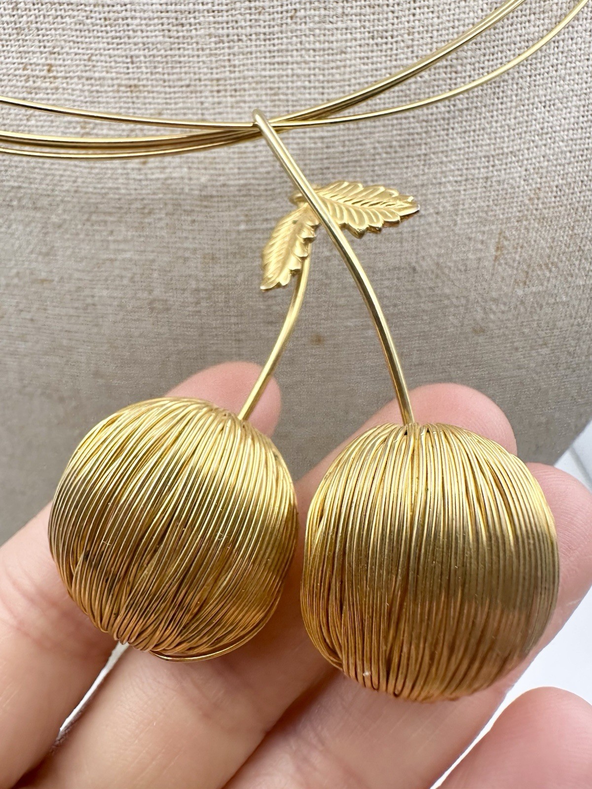 Vintage Omega Wire Cherry Pendant Collar Necklace 16” Gold Tone