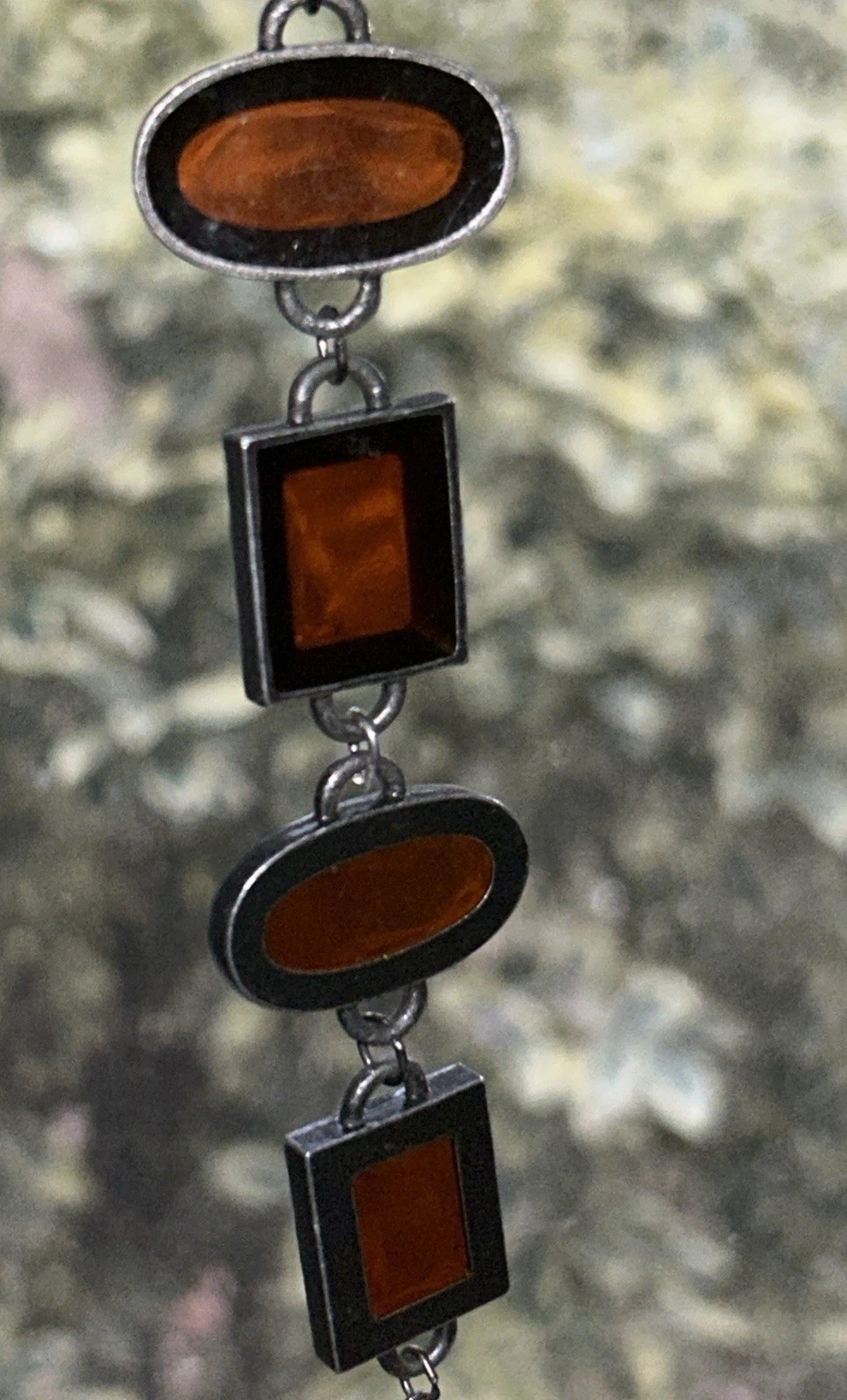 Vintage Bracelet Red Art Glass Retro Era Rectangle Silver Tone