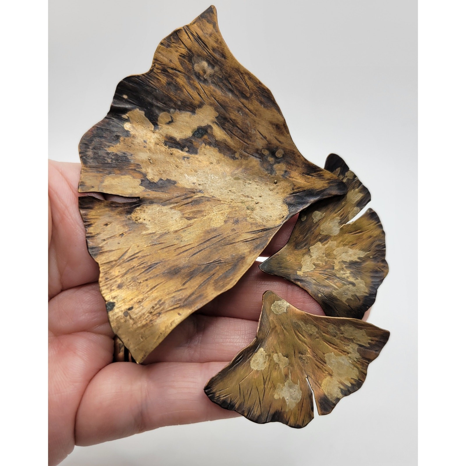 Brutalist Ginkgo Leaf Brooch Earrings Set Artisan Handmade Patina Huge Leaves