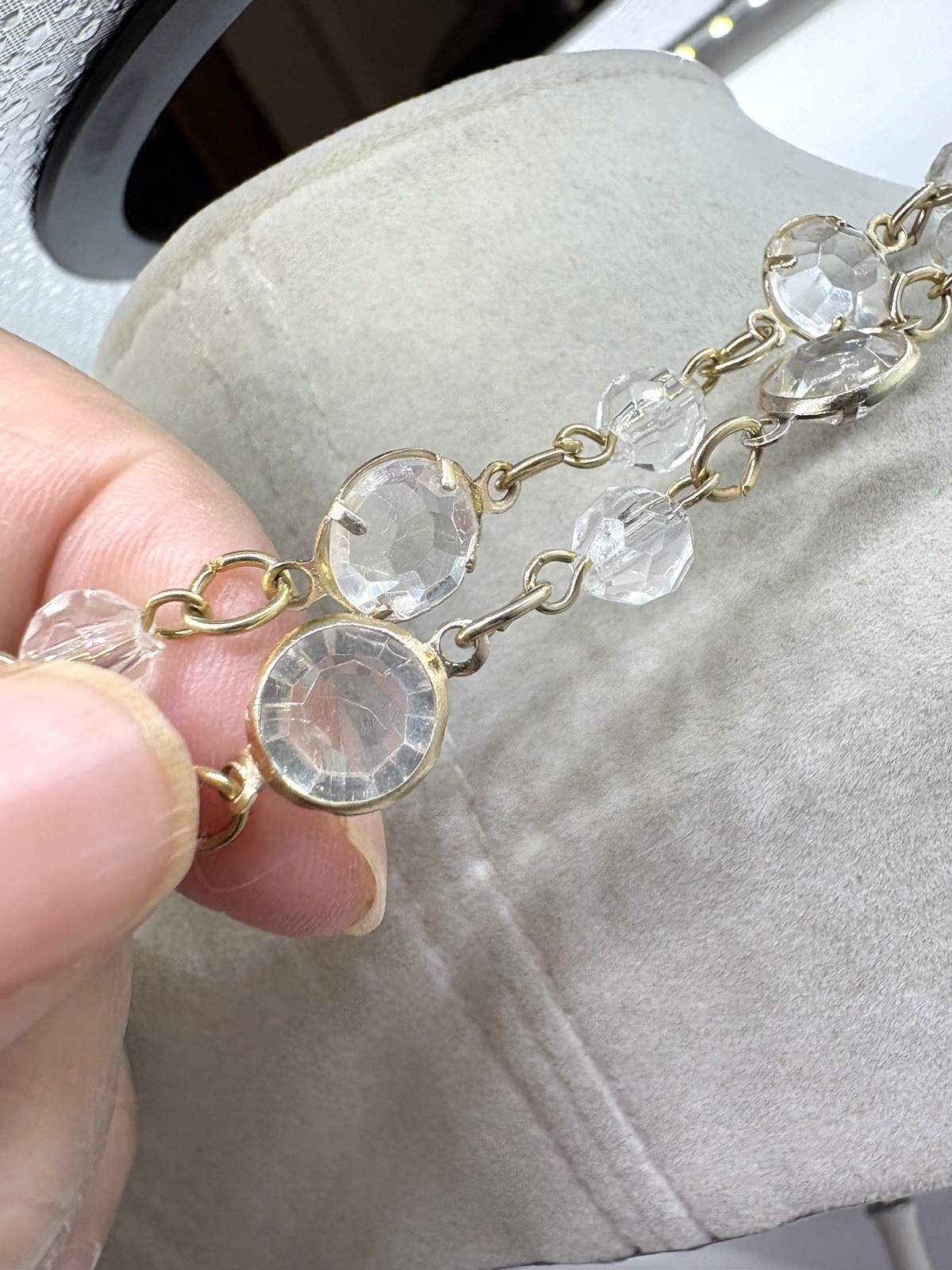 Gold Tone Bezel Set Acrylic Crystal Long Necklace VTG NOS 50”