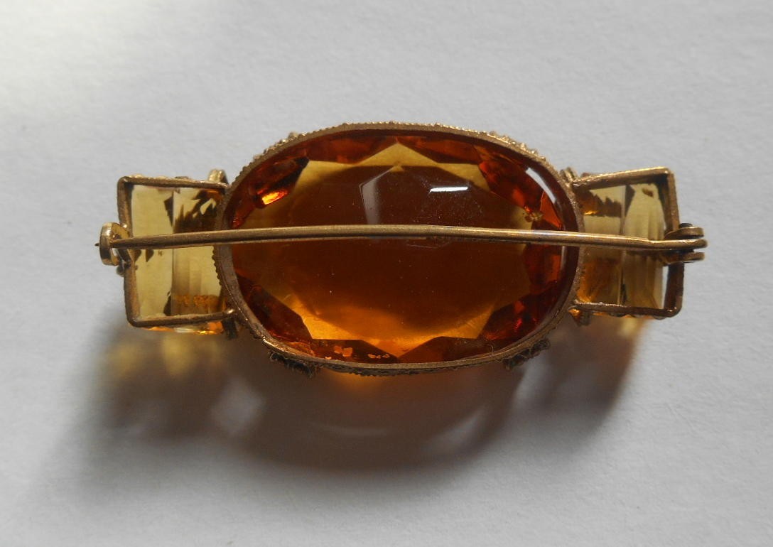 Art Deco Czech Amber Glass Brooch Brass C-Clasp Bohemian Vintage Pin