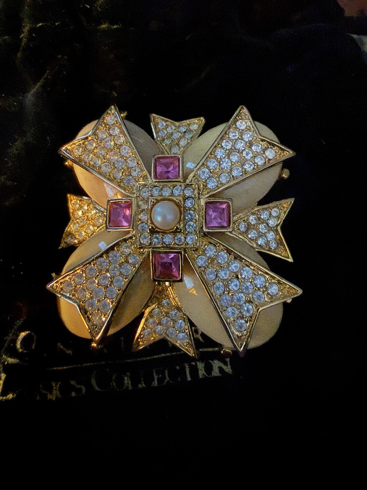 Joan Rivers Gold tone Plated Pink Crystal Pearl Enamel Maltese Cross Brooch